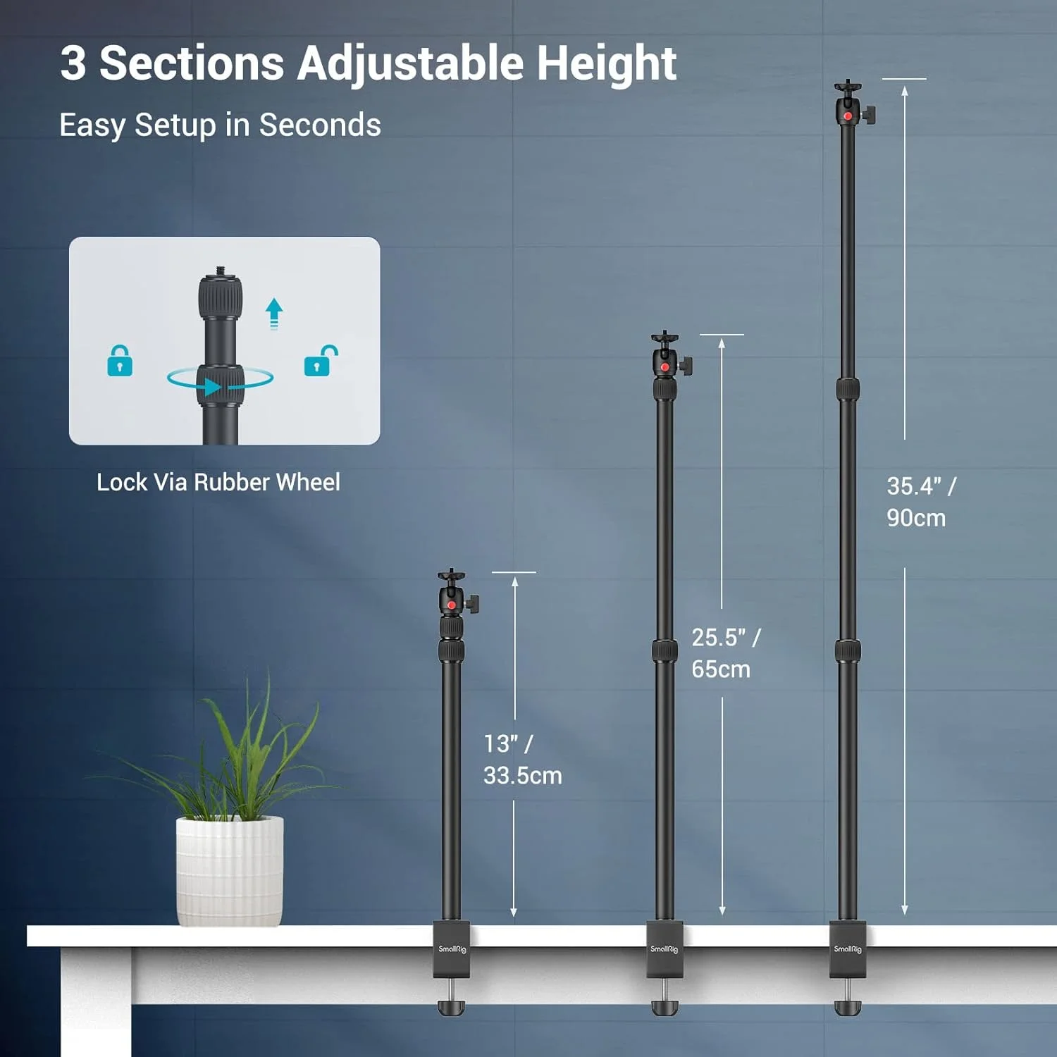 پایه رومیزی دوربین SmallRig Selection با هد توپی 1/4 اینچی، براکت نورپردازی قابل تنظیم از 33 تا 90 سانتی‌متر، گیره C-Table - 3488