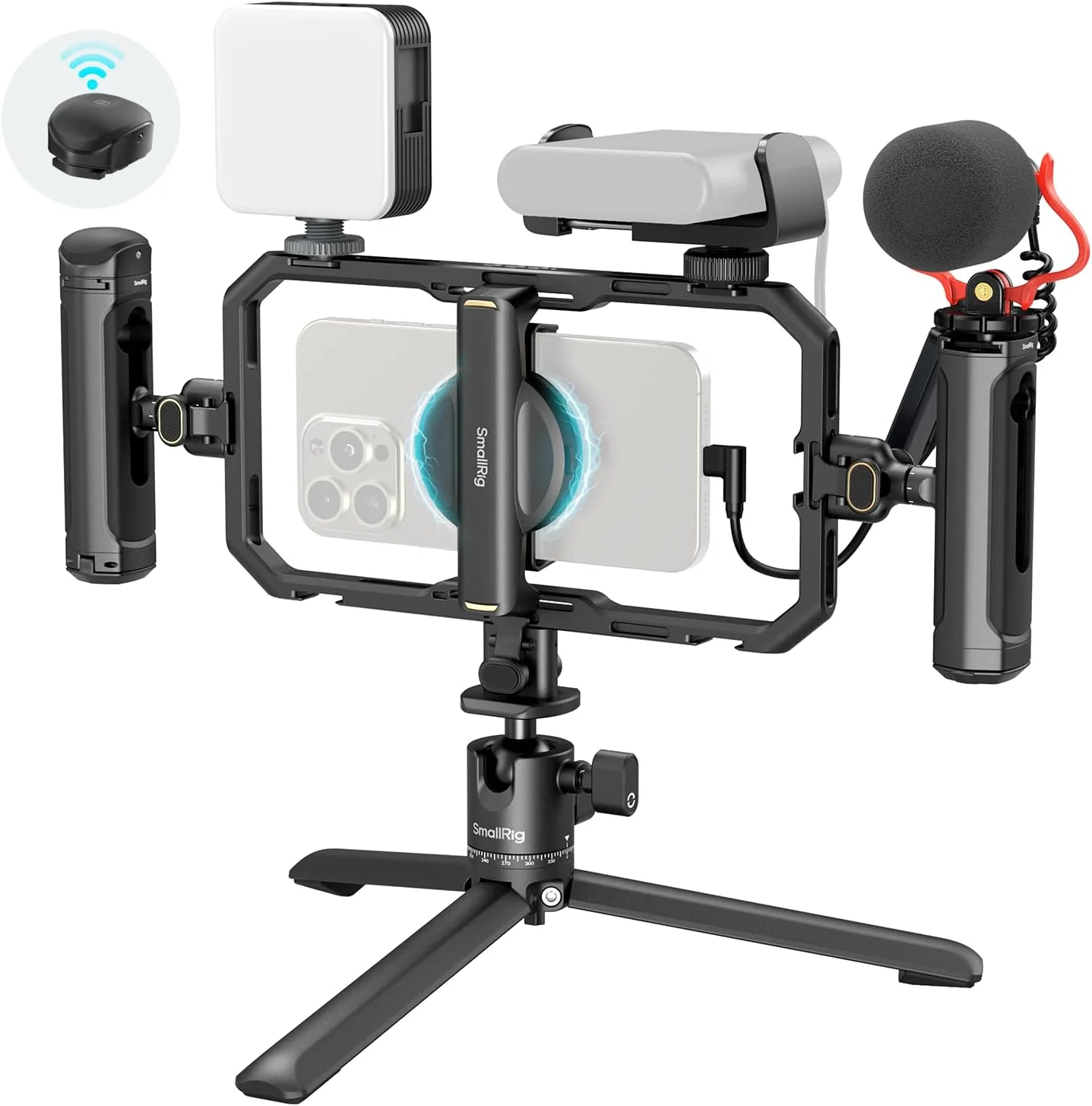 کیت تثبیت کننده ویدئویی تلفن همراه SmallRig Pro، بسته نرم افزاری All-in-One Creator به همراه نور LED، میکروفون، سه پایه رومیزی، دستگیره های دوتایی و نگهدارنده پاوربانک برای پخش زنده، برای تولید کننده محتوا، برای آیفون 16/15 پرو، اندروید