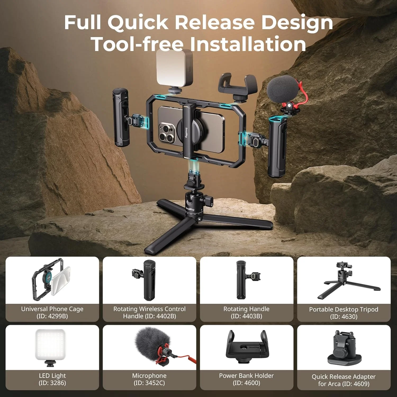 کیت تثبیت کننده ویدئویی تلفن همراه SmallRig Pro، بسته نرم افزاری All-in-One Creator به همراه نور LED، میکروفون، سه پایه رومیزی، دستگیره های دوتایی و نگهدارنده پاوربانک برای پخش زنده، برای تولید کننده محتوا، برای آیفون 16/15 پرو، اندروید