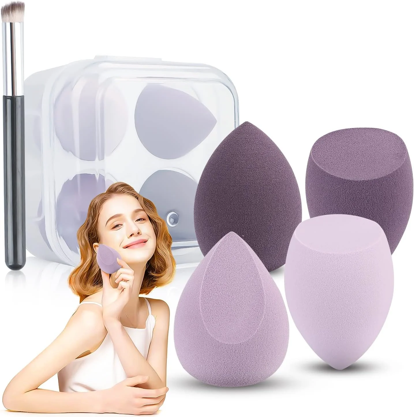 Byffoer Makeup Sponge Set, 4 Pieces Cosmetic Sponges with 1 Concealer Brush, No Latex Foundation Makeup Blending Sponges for Liquids Creams Powder