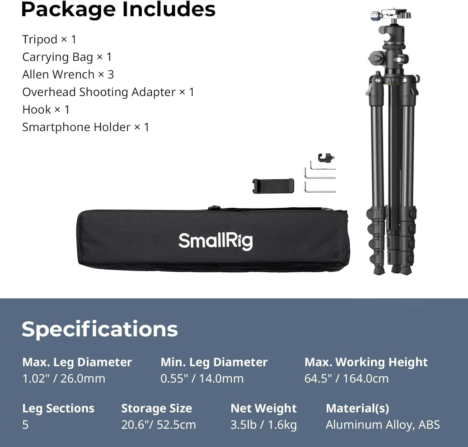 سه پایه افقی بالای سر دوربین SmallRig CT25 با ارتفاع 164 سانتی متر به همراه نگهدارنده گوشی هوشمند و کیف حمل، سه پایه آلومینیومی افقی دوربین با حداکثر تحمل وزن 10 کیلوگرم برای عکس های بالای سر سه پایه افقی بالای سر دوربین SmallRig CT25 با ارتفاع 164 سانتی متر به همراه نگهدارنده گوشی هوشمند و کیف حمل، سه پایه آلومینیومی افقی دوربین با حداکثر تحمل وزن 10 کیلوگرم برای عکس های بالای سر