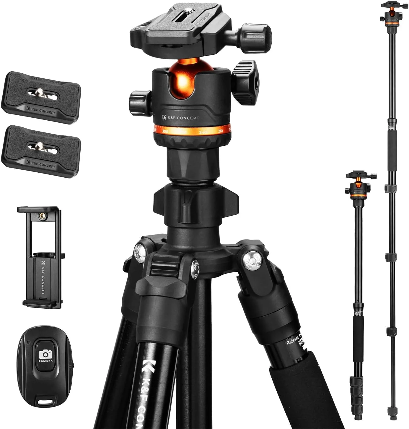 سه پایه دوربین K&F Concept با ارتفاع 192 سانتی متر، سه پایه DSLR سنگین با سر توپی 360 درجه با ظرفیت بار 8 کیلوگرم، تک پایه جداشدنی، گیره تلفن همراه برای گوشی هوشمند مدل O275A5+BH-36