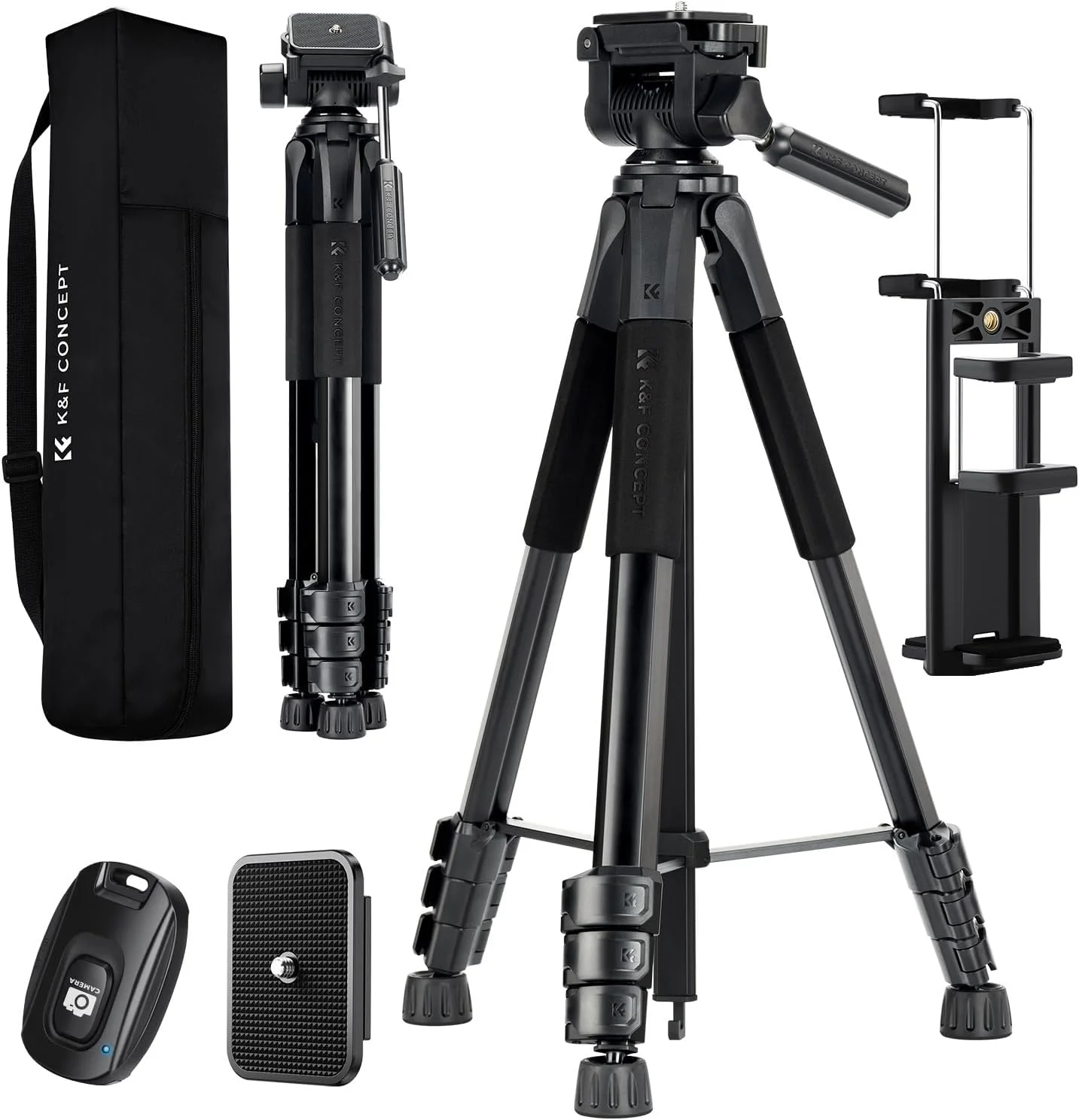 سه پایه سبک و جمع و جور 68 اینچی K&F CONCEPT برای دوربین DSLR، کانن، نیکون، سونی با نگهدارنده 2 در 1 تلفن/تبلت، سه پایه مسافرتی با بلوتوث، ظرفیت بار 4 کیلوگرم