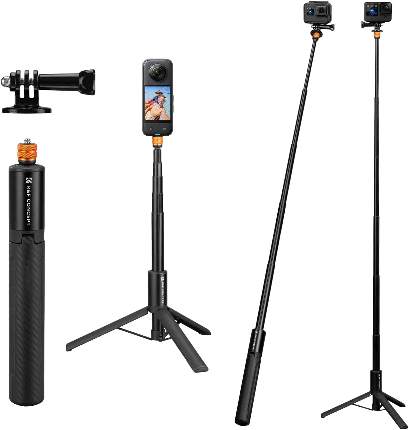 مونوپاد نامرئی سلفی K&F Concept، میله بلند کننده (120 سانتی متر) برای دوربین های ورزشی Insta360 GoPro DJI OSMO Pocket 3، مونوپاد توسعه یافته 1/4 اینچی با آداپتور GoPro