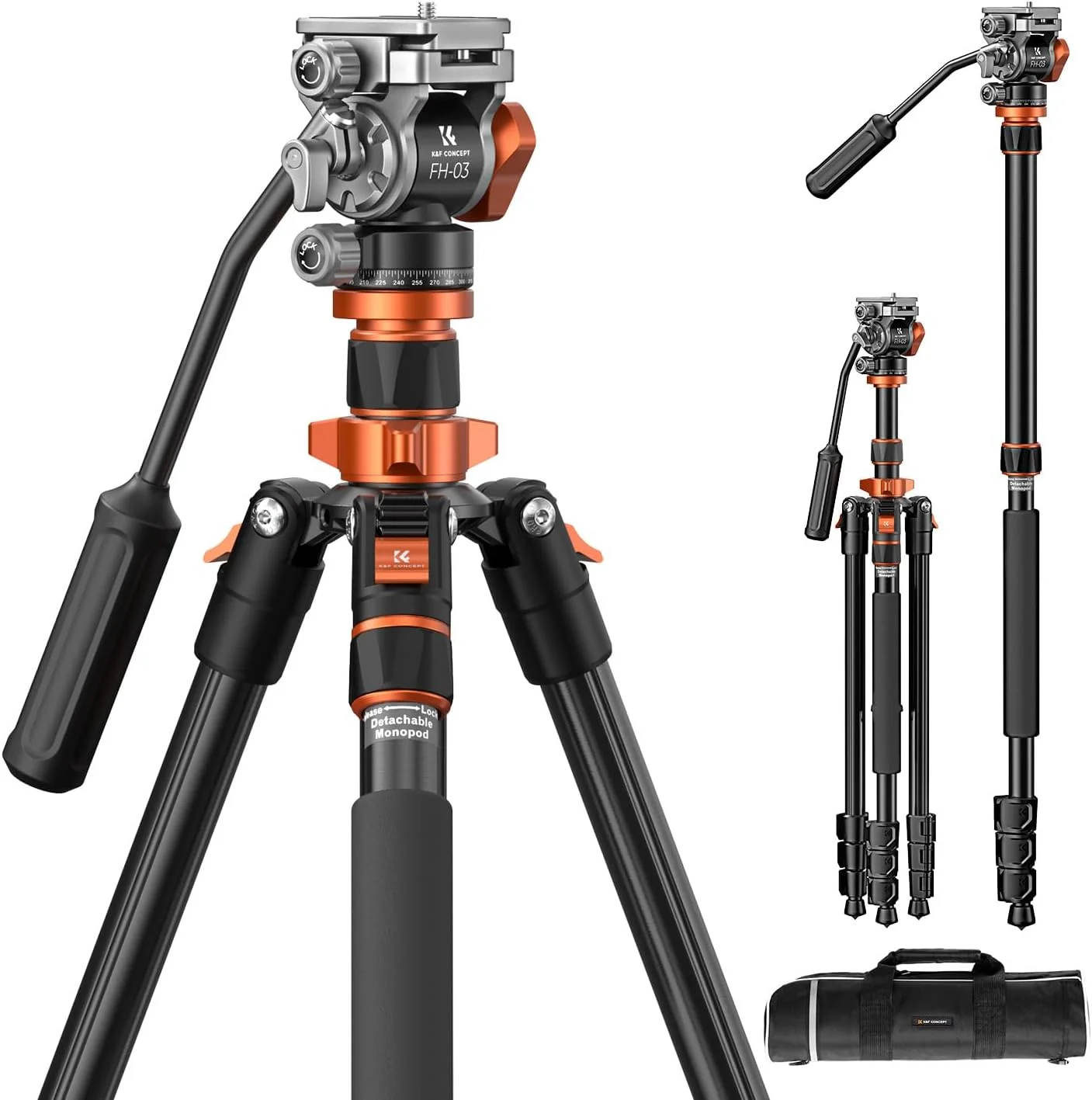 سه پایه دوربین فیلمبرداری K&F Concept 211 سانتی متری برای دوربین های DSLR، سه پایه آلومینیومی جمع و جور با هد سیال و تحمل وزن 5 کیلوگرم مناسب برای سفر و کار مدل K234A7+FH-03