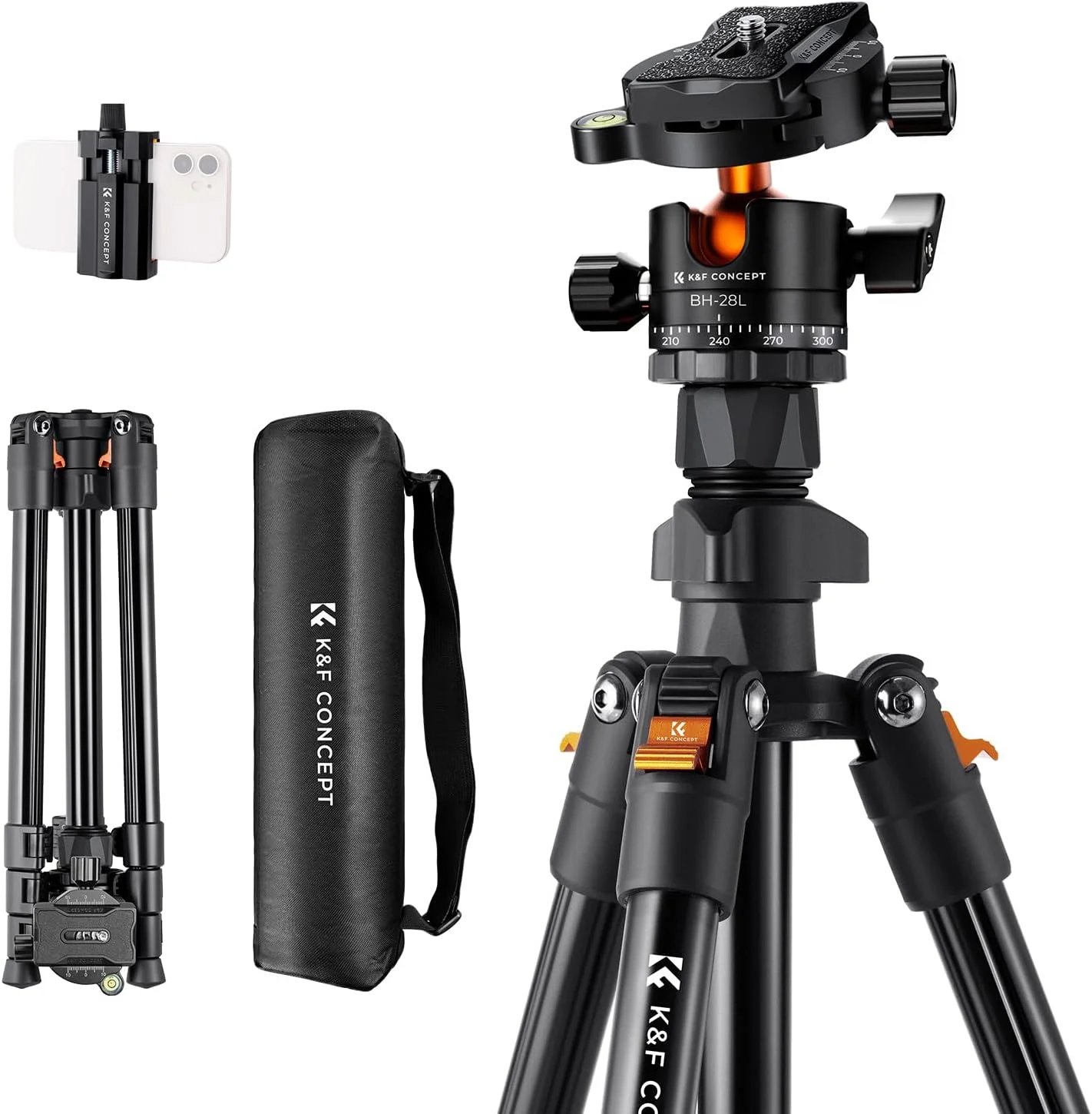 K&F Concept 64 inch/163cm Camera Tripod,Lightweight Travel Outdoor DSLR Tripods with 360 Degree CNC Ball Head Load Capacity 10kg/22lbs,Cellphone Clip for Smartphone Live Streaming Vlog K234A0+BH-28L