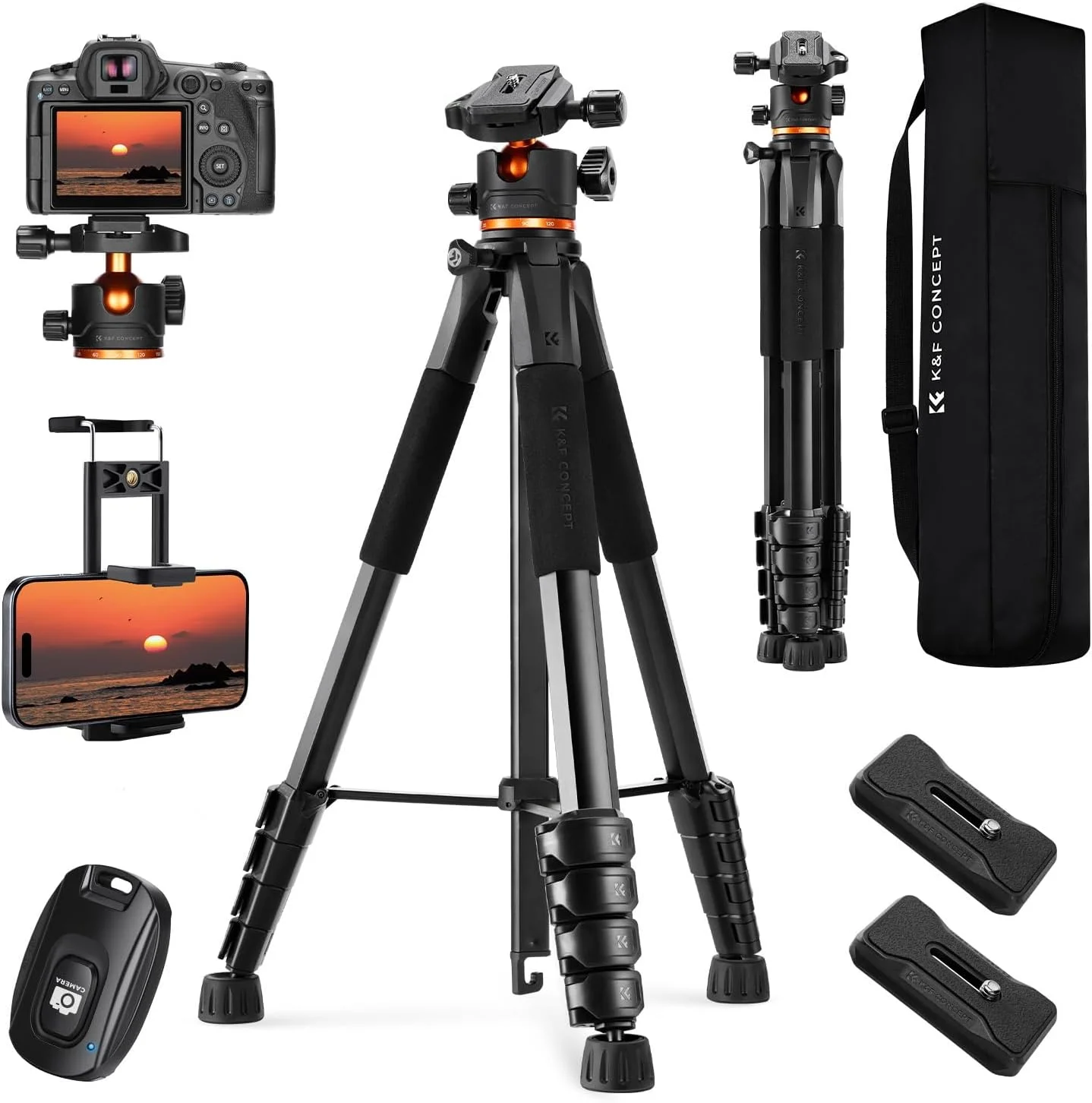 سه پایه دوربین K&F Concept 75 اینچ/190 سانتی متر، سه پایه های DSLR سبک وزن مسافرتی در فضای باز با هد توپی 360 درجه ظرفیت بار 8 کیلوگرم/17.6 پوند، گیره تلفن همراه و کنترل از راه دور برای تلفن هوشمند S255A3+BH-36
