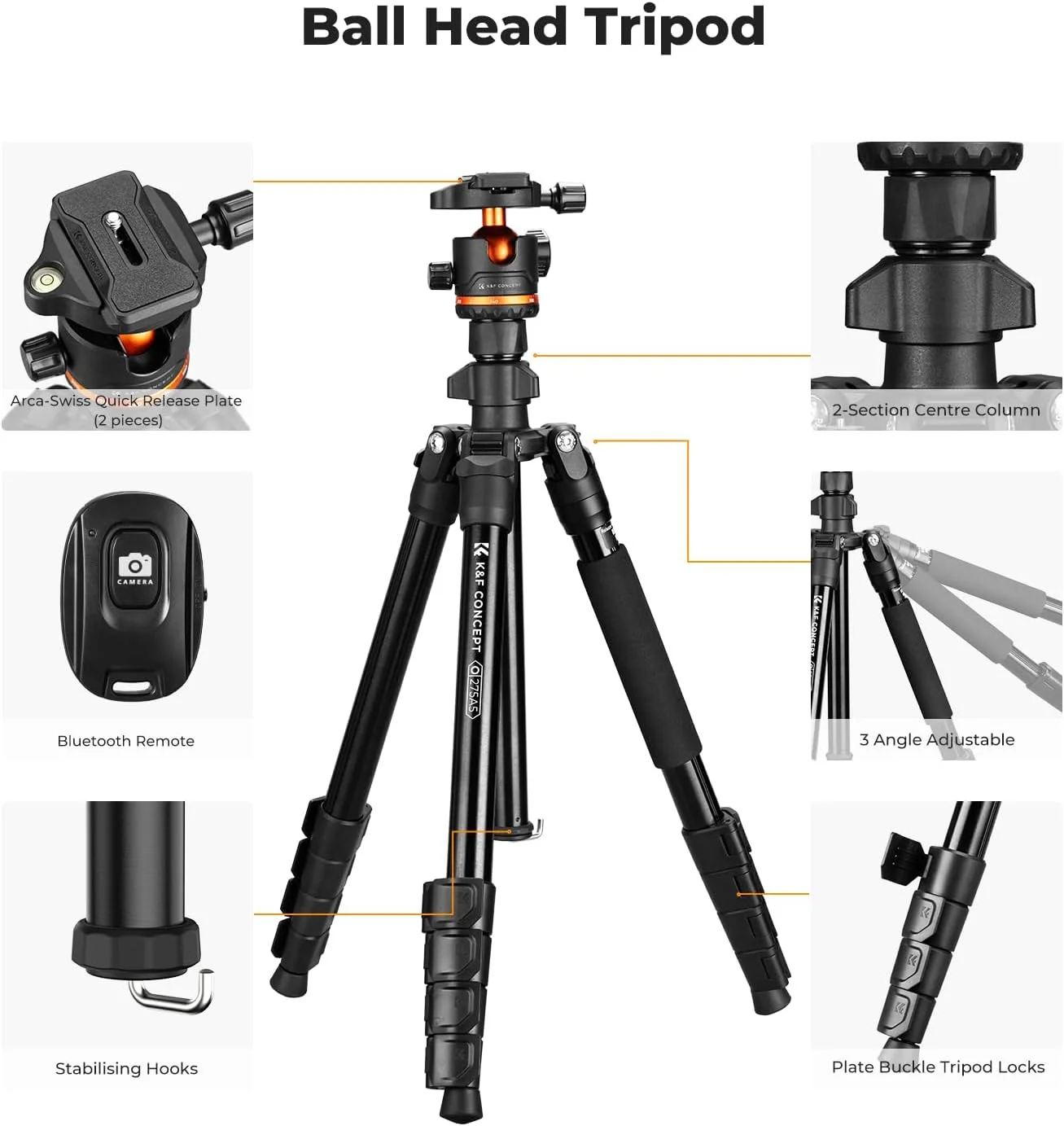 سه پایه دوربین K&F Concept با ارتفاع 192 سانتی متر، سه پایه DSLR سنگین با سر توپی 360 درجه با ظرفیت بار 8 کیلوگرم، تک پایه جداشدنی، گیره تلفن همراه برای گوشی هوشمند مدل O275A5+BH-36 سه پایه دوربین K&F Concept با ارتفاع 192 سانتی متر، سه پایه DSLR سنگین با سر توپی 360 درجه با ظرفیت بار 8 کیلوگرم، تک پایه جداشدنی، گیره تلفن همراه برای گوشی هوشمند مدل O275A5+BH-36