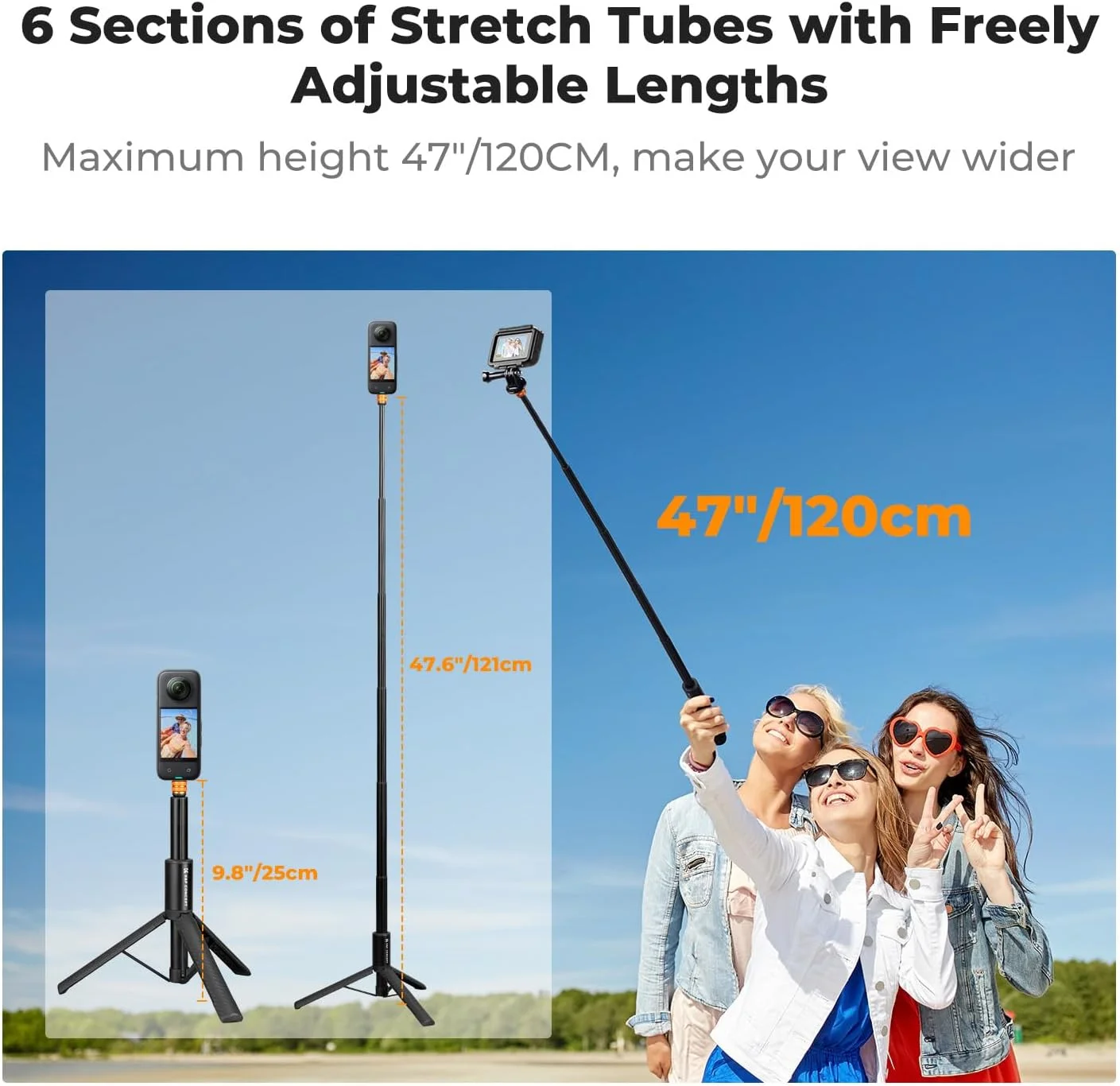 مونوپاد نامرئی سلفی K&F Concept، میله بلند کننده (120 سانتی متر) برای دوربین های ورزشی Insta360 GoPro DJI OSMO Pocket 3، مونوپاد توسعه یافته 1/4 اینچی با آداپتور GoPro مونوپاد نامرئی سلفی K&F Concept، میله بلند کننده (120 سانتی متر) برای دوربین های ورزشی Insta360 GoPro DJI OSMO Pocket 3، مونوپاد توسعه یافته 1/4 اینچی با آداپتور GoPro
