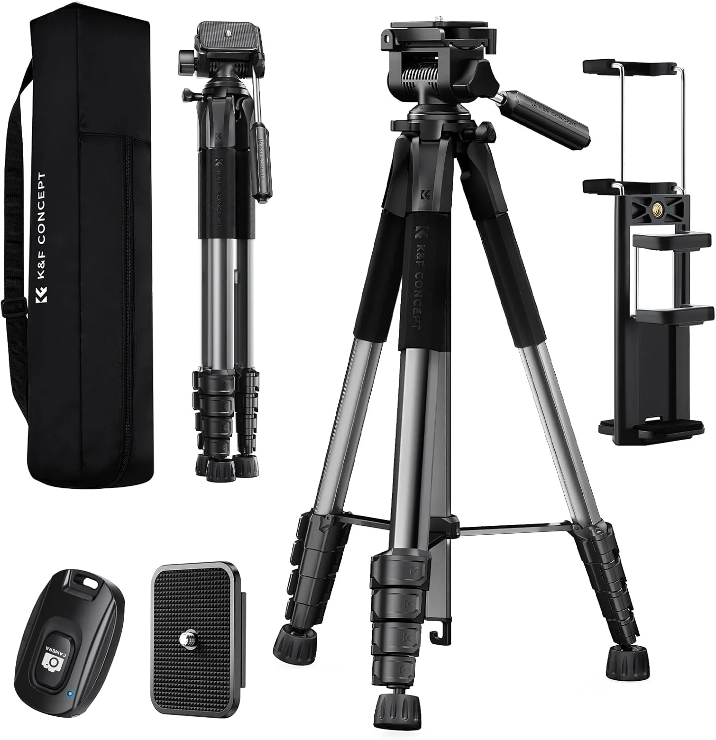 سه پایه دوربین K&F Concept، 75 اینچی، سه پایه های سبک وزن و قابل حمل DSLR برای سفر و فضای باز، پایه سه پایه ضبط ویدئو تلفن دوربین، گیره تلفن همراه برای پخش زنده گوشی های هوشمند، خاکستری تیره