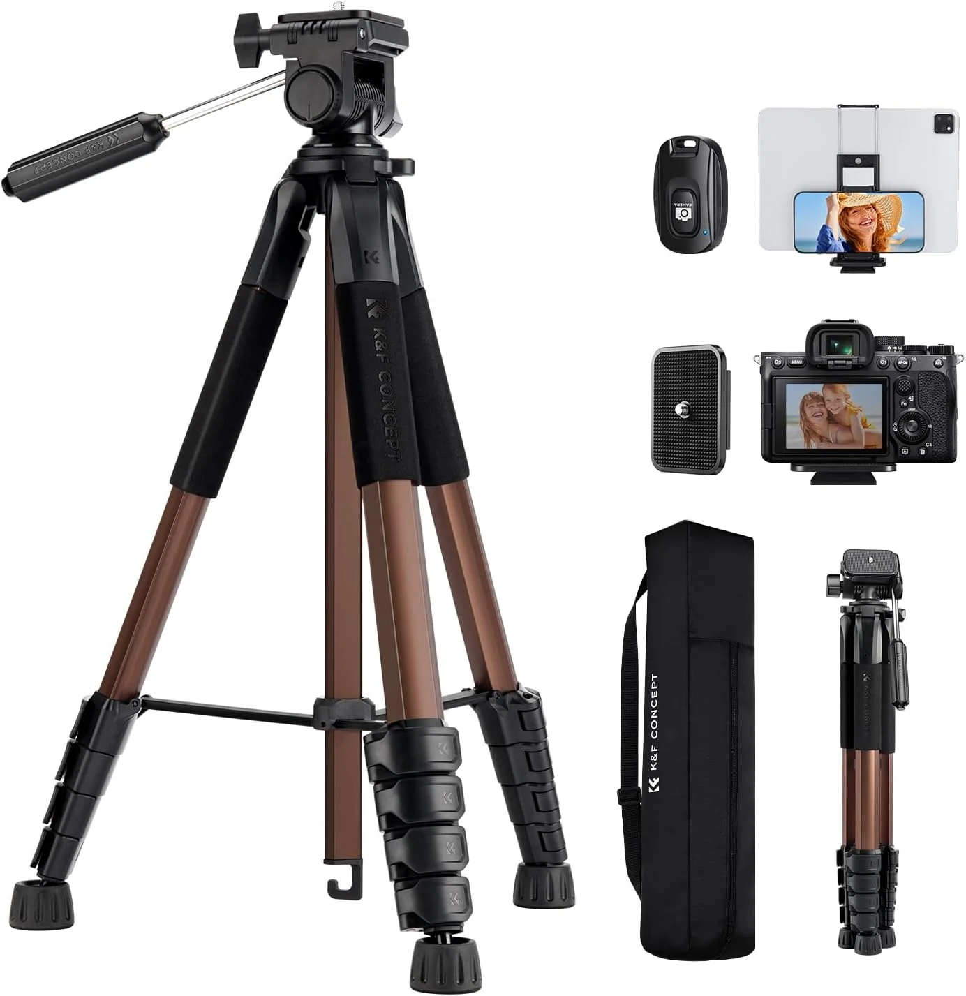 سه پایه دوربین K&F Concept، 190 سانتی‌متری، سبک وزن، قابل حمل، مناسب سفر، سه پایه DSLR برای ضبط ویدیو با دوربین، گیره تلفن همراه برای پخش زنده و ولاگ (طلایی برنزی، 190 سانتی‌متر)