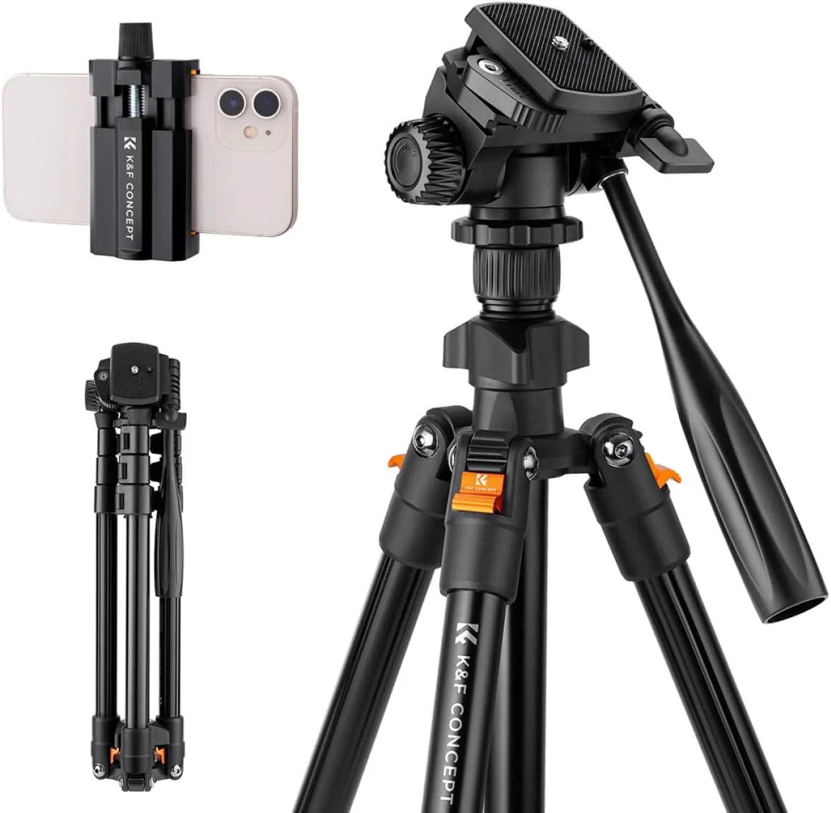 سه پایه دوربین K&F Concept K234A0 به همراه هد فیلمبرداری و گیره موبایل | حداکثر وزن قابل تحمل 3 کیلوگرم | عملکرد ماکرو | صفحه رهاسازی سریع | کیف سه پایه برای عکاسی منظره | 1.26 کیلوگرم - 162 سانتی متر