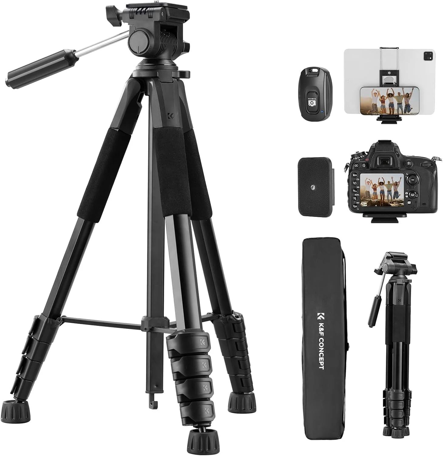سه پایه دوربین K&F Concept، 75 اینچی، سه پایه های سبک وزن قابل حمل برای سفر در فضای باز DSLR برای پایه سه پایه ضبط ویدئو تلفن دوربین، گیره تلفن همراه برای پخش زنده گوشی های هوشمند