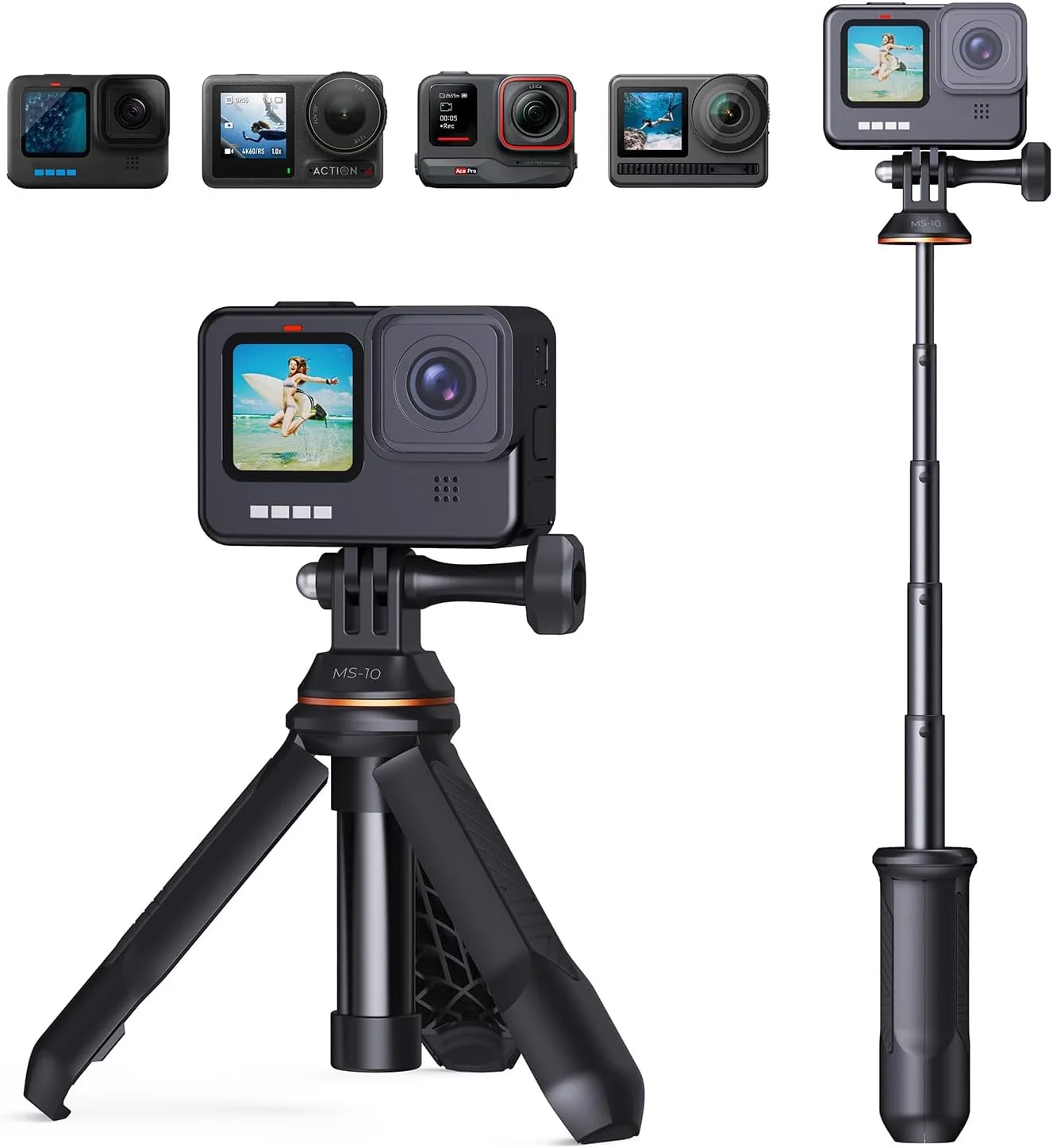مونوپاد و سه پایه سلفی کوچک 33.5 سانتی‌متری K&F Concept برای دوربین‌های اکشن، سازگار با GoPro Hero 13/12/11/10/9/8/Max، DJI Osmo Action 5/4/3/2/1، Insta360 One R/RS و سایر دوربین‌های اکشن