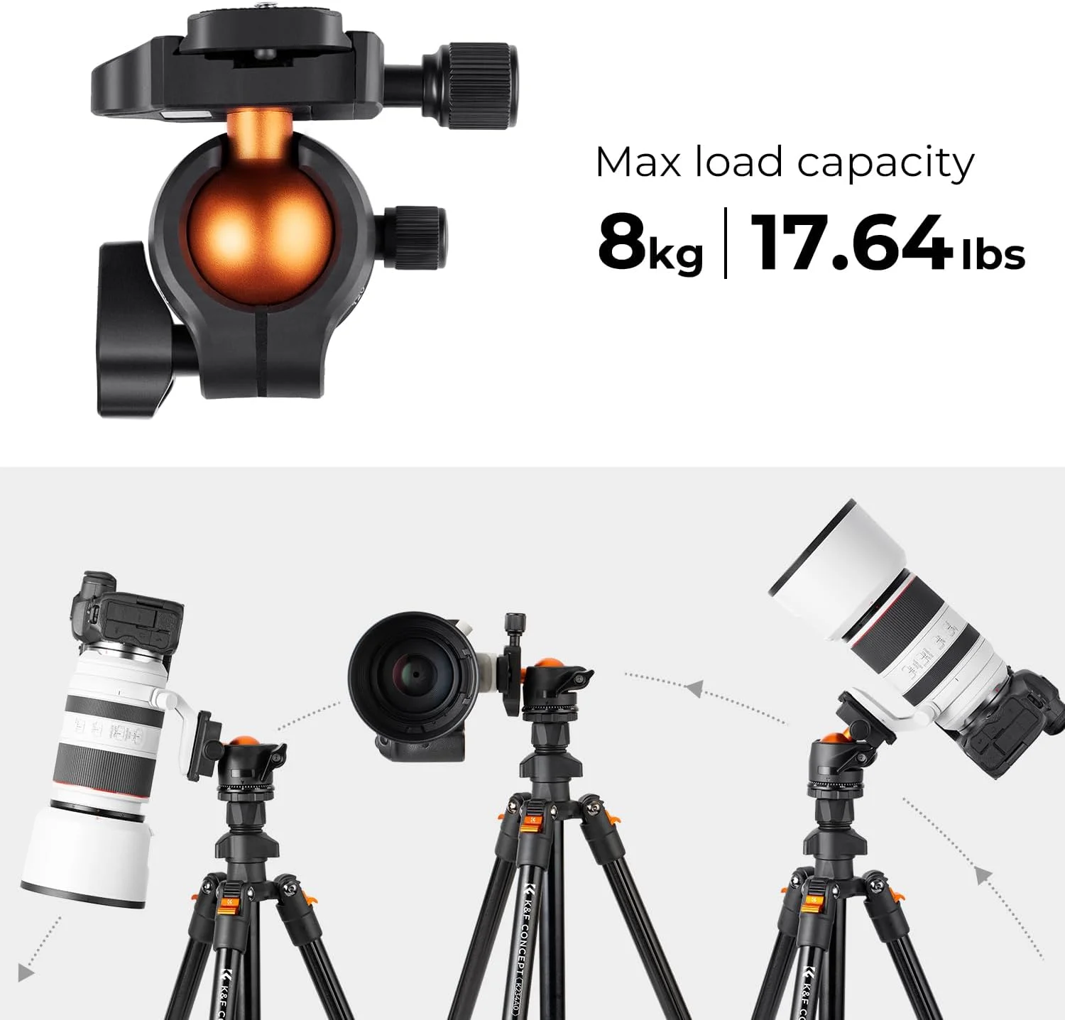 سه پایه دوربین K&F Concept با ارتفاع 163 سانتی متر، سه پایه مسافرتی آلومینیومی سبک وزن با هد توپی 360 درجه، ظرفیت بار 8 کیلوگرم، صفحه رهاسازی سریع، برای دوربین های DSLR مدل K234A0+BH-28L