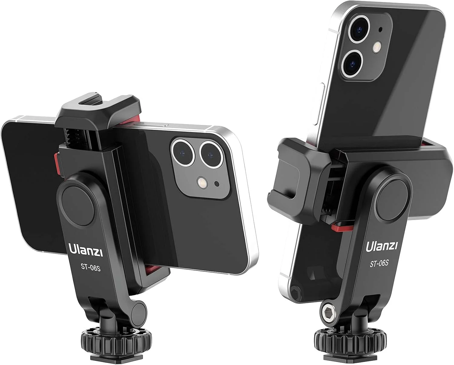 نگهدارنده گوشی موبایل ULANZI مدل ST-06S، آداپتور نگهدارنده گوشی هوشمند یونیورسال با 2 جایگاه اتصال نور و میکروفون، قابلیت چرخش 360 درجه، گیره نگهدارنده قابل تنظیم، سازگار با آیفون 17/16/15، گوشی های هوشمند سامسونگ گلکسی