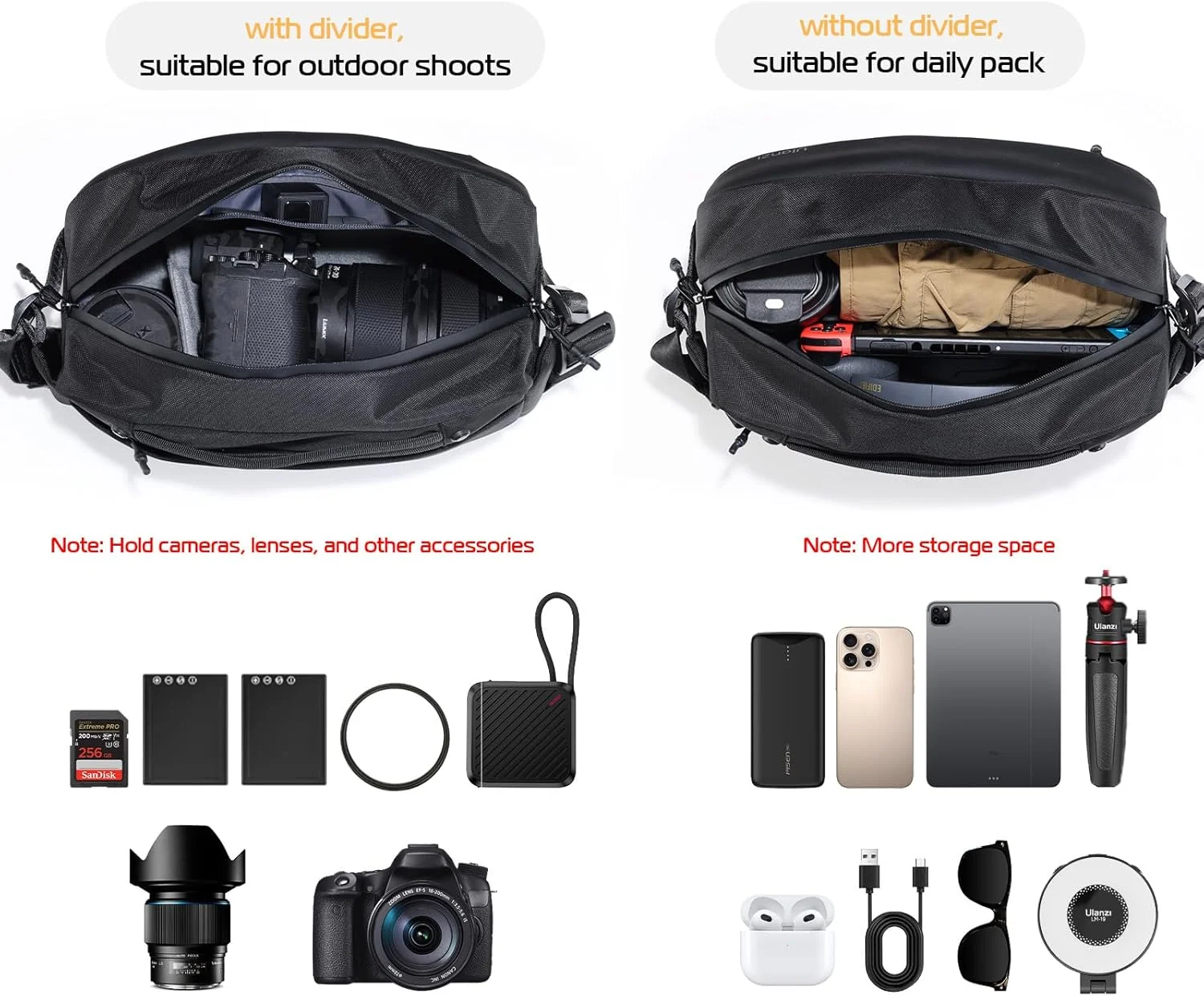 کیف کمری دوربین ULANZI، کیف ضد آب دوربین با نگهدارنده سه پایه، کیف های کراس بادی دوربین DSLR/SLR/Mirrorless برای عکاسان - مشکی با ظرفیت 10 لیتر کیف کمری دوربین ULANZI، کیف ضد آب دوربین با نگهدارنده سه پایه، کیف های کراس بادی دوربین DSLR/SLR/Mirrorless برای عکاسان - مشکی با ظرفیت 10 لیتر