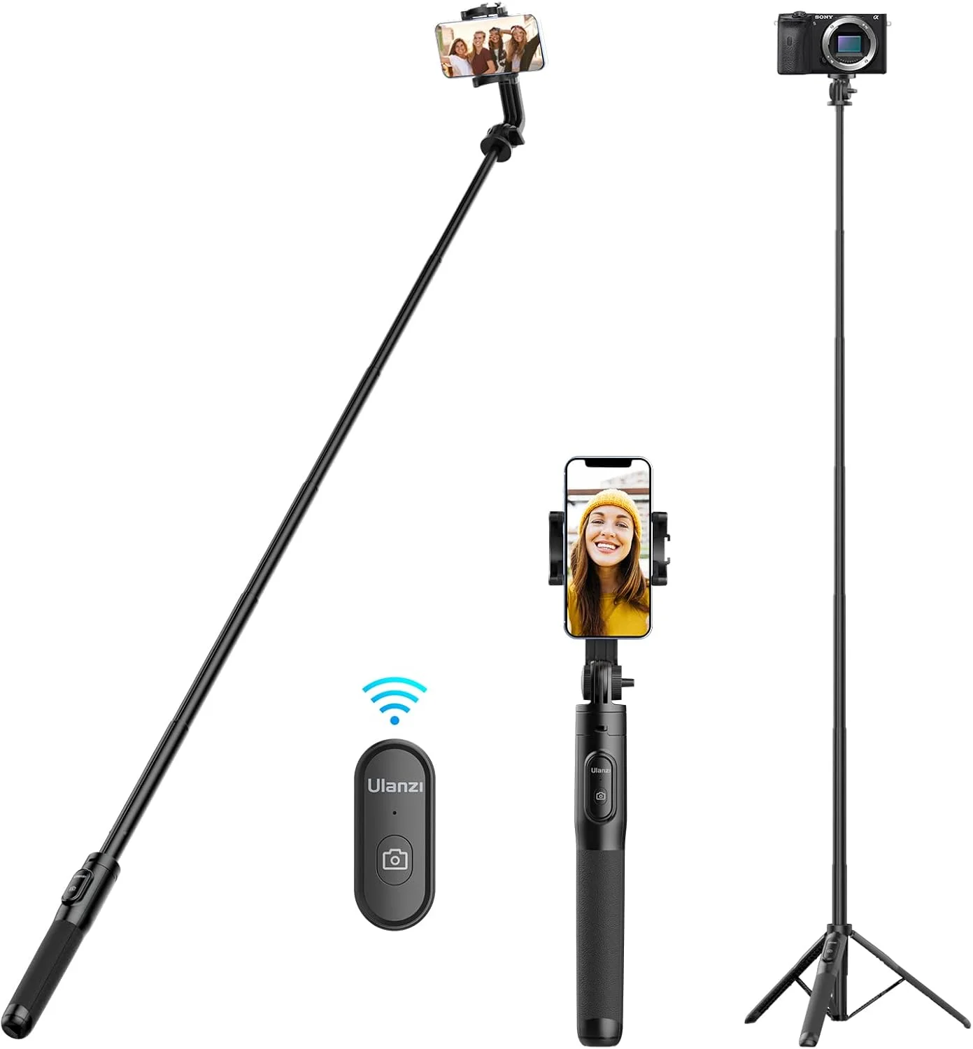 63'' 160cm Selfie Stick ULANZI SK-03 3 in 1 Stable Phone Stand for Smartphone/Camera, 160cm Extendable Phone Tripod with Detachable Remote, Compatible with iPhone/Galaxy/Huawei, etc.