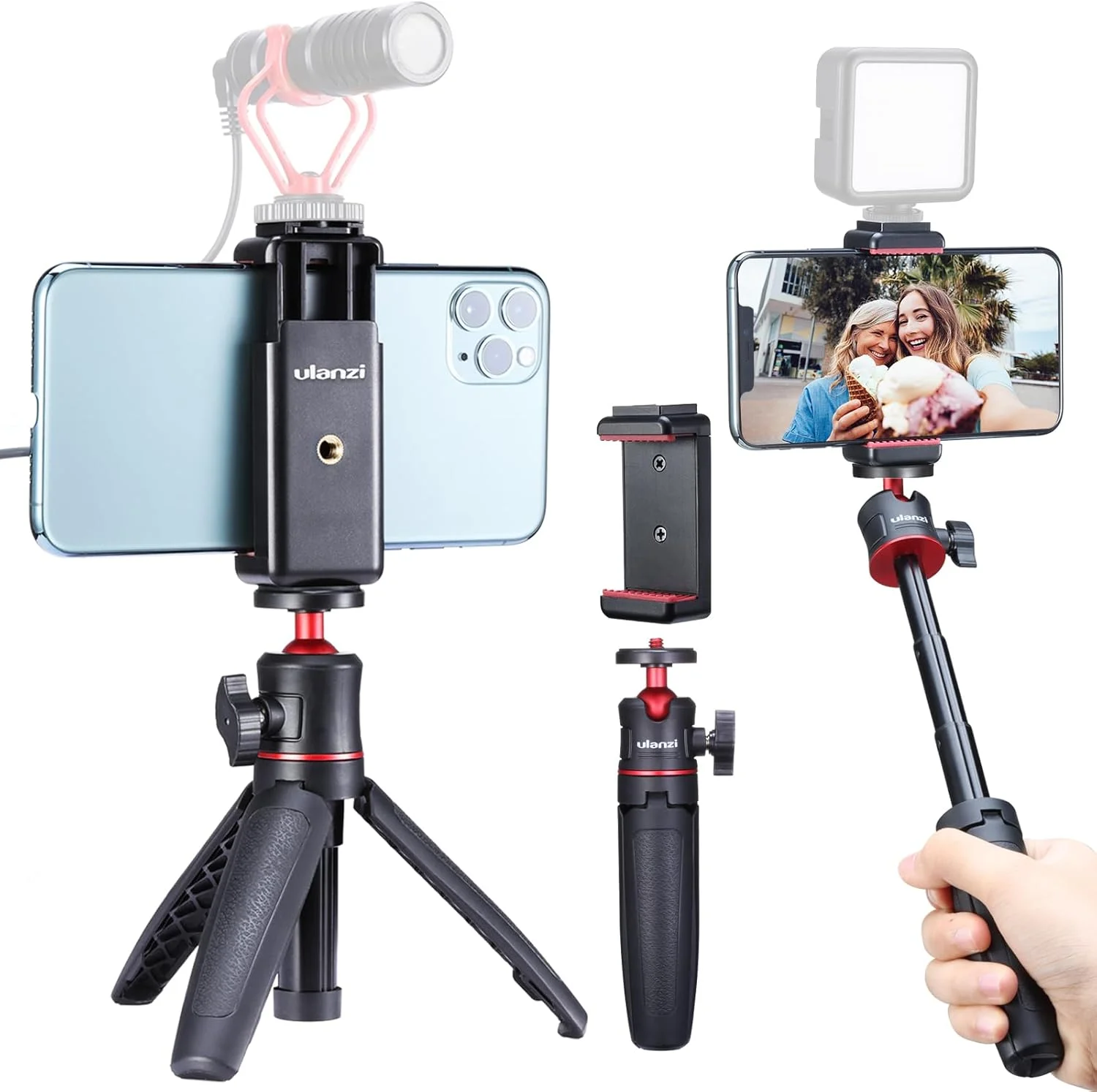 سه پایه کوچک گوشی موبایل ULANZI MT-08 به همراه مونوپاد سلفی، دارای سر توپی آلیاژ آلومینیوم، چرخش 360 درجه، سازگار با گوشی های هوشمند و دوربین، ارتفاع 15-33 سانتی متر، وزن 90 گرم