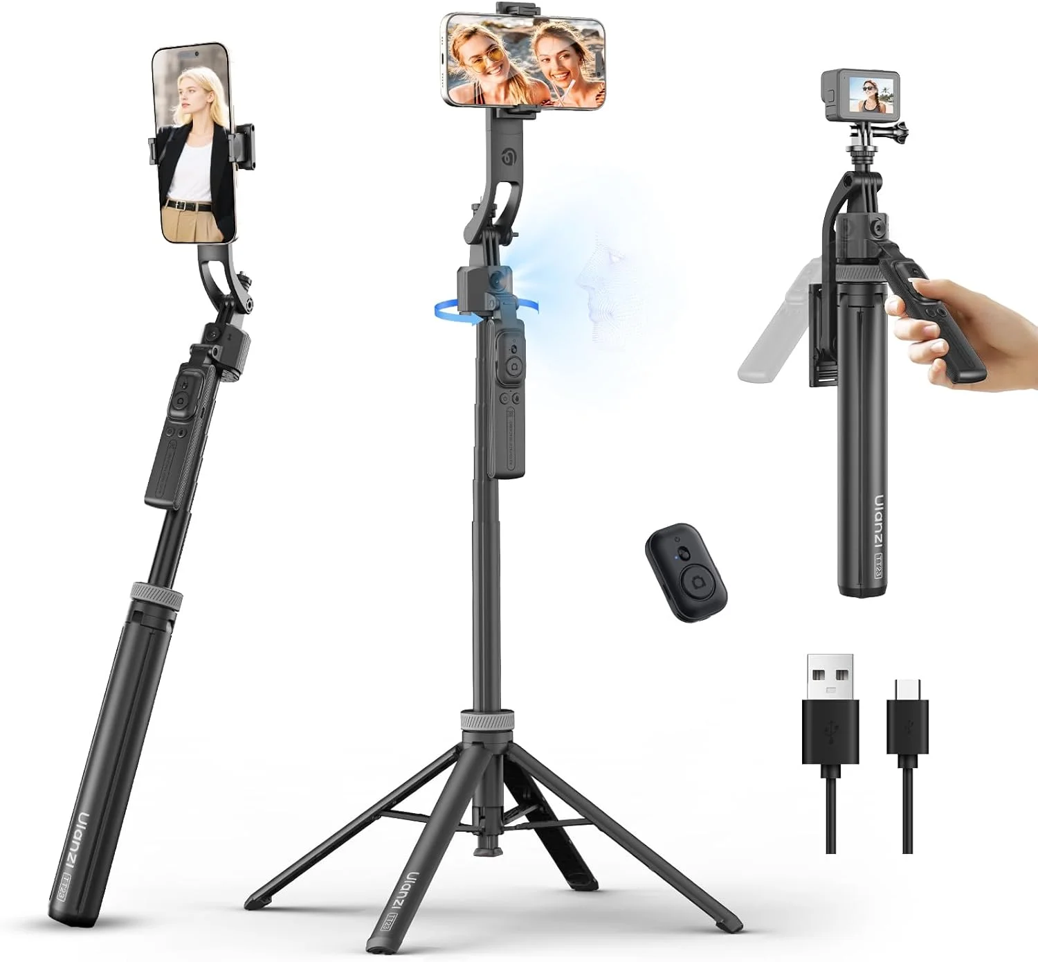 سه پایه ردیابی خودکار چهره ULANZI TT23 64 اینچی برای آیفون/اندروید با ریموت، مونوپاد چرخشی 360 درجه که حرکات شما را دنبال می کند، سه پایه تشخیص چهره برای آیفون/اندروید/دوربین