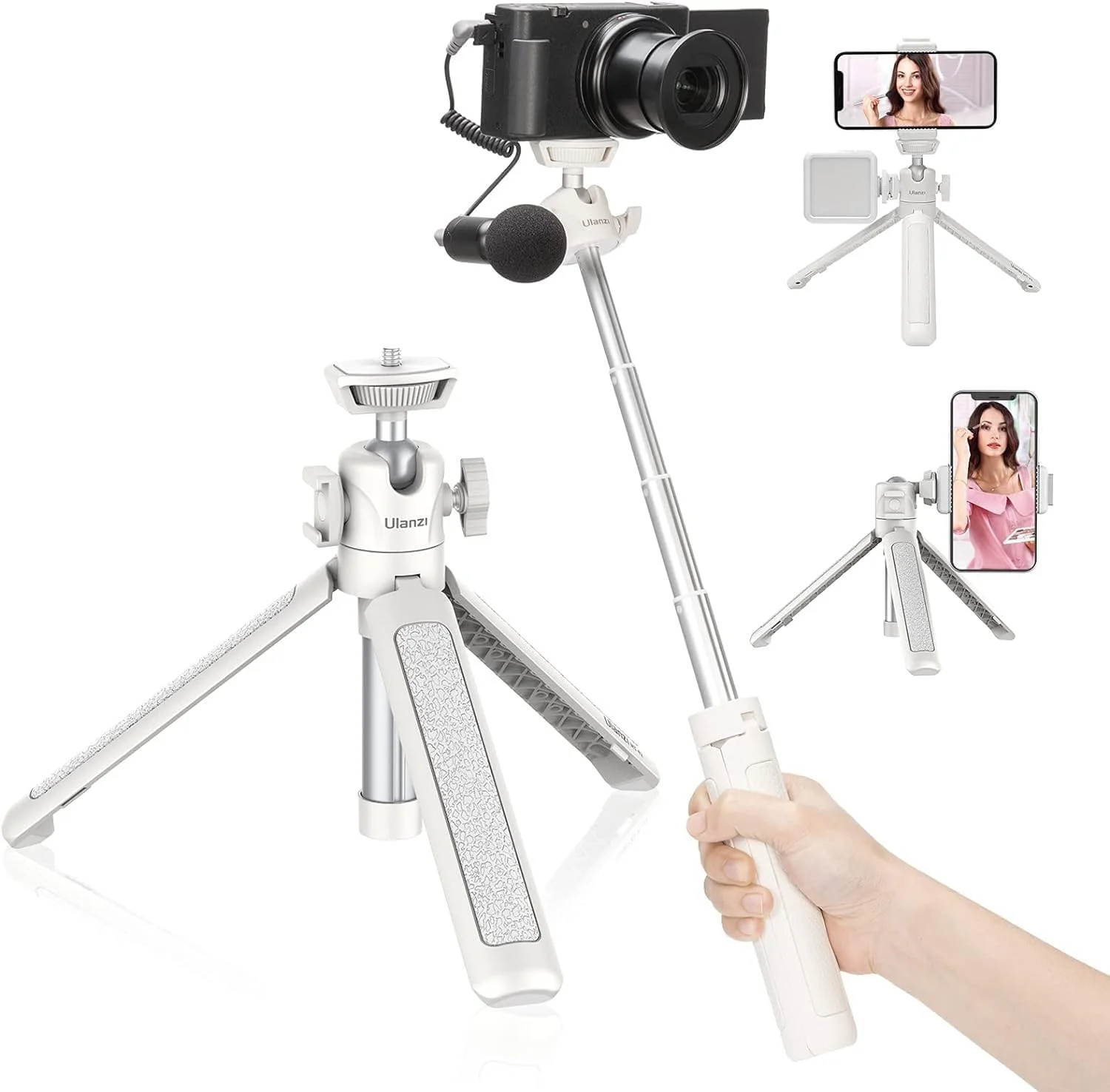 سه پایه دوربین اولانزی MT-42، سه پایه رومیزی کوچک، مونوپاد سلفی با کفشک سرد، سه پایه مسافرتی برای گوشی 17 Canon G7X Mark III Sony ZV-1 RX100 VII A6600، مناسب برای ولاگ، فیلمسازی و پخش زنده - سفید