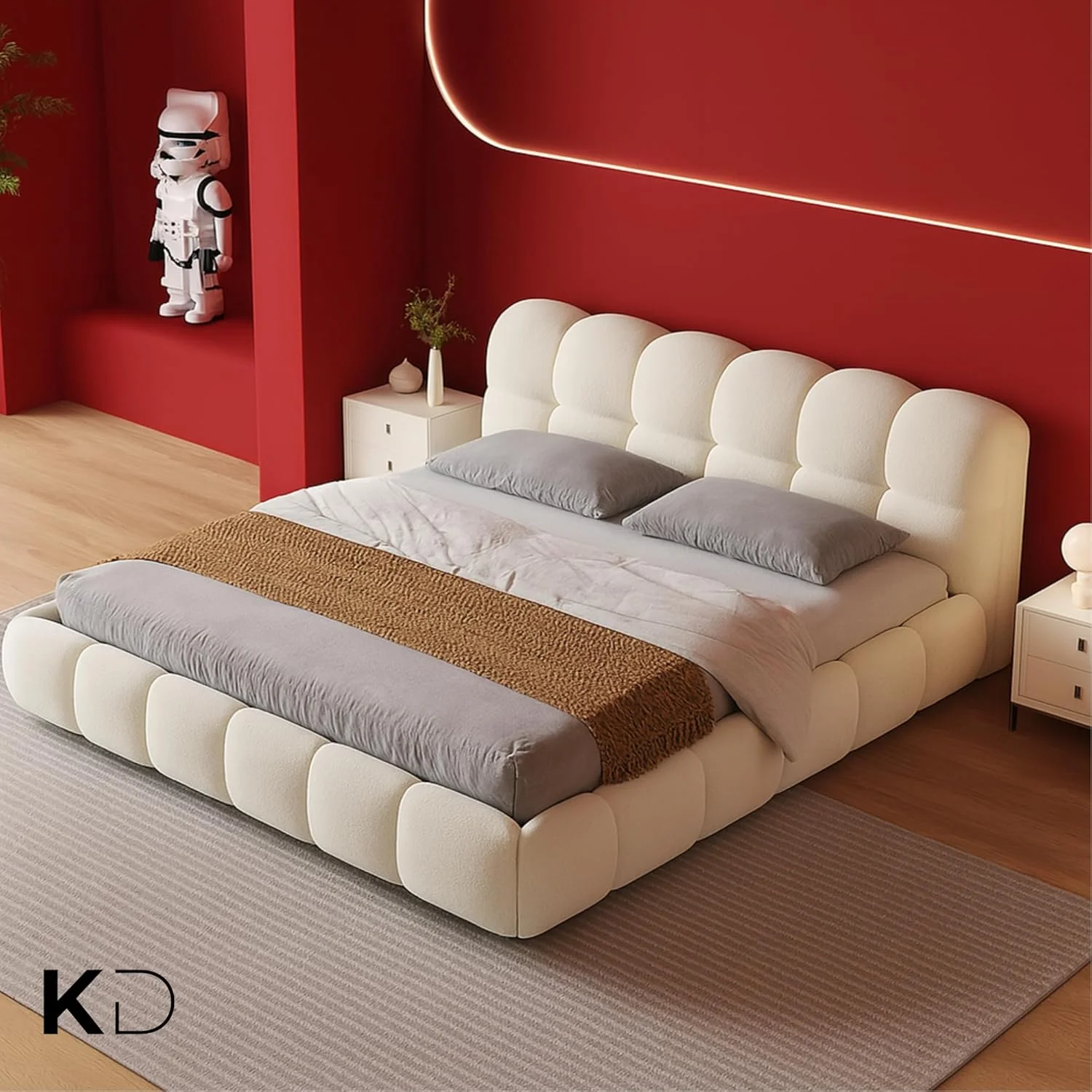 فریم تخت خواب پاف مینیمال KUSTOMDECO | تخت خواب ابری سفید مدرن با روکش بوکله | پایه چوبی محکم | مبلمان بادوام اتاق خواب (سایز کوئین (150x200 سانتی متر) بدون تشک) فریم تخت خواب پاف مینیمال KUSTOMDECO | تخت خواب ابری سفید مدرن با روکش بوکله | پایه چوبی محکم | مبلمان بادوام اتاق خواب (سایز کوئین (150x200 سانتی متر) بدون تشک)
