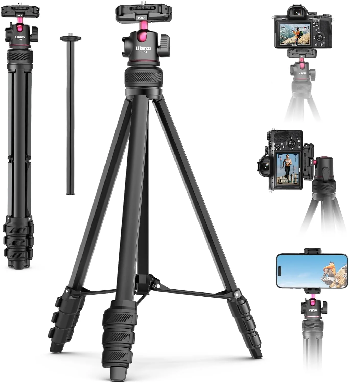 سه پایه ویدیویی دوربین و گوشی موبایل 2 در 1 - سه پایه قابل حمل ULANZI TT51 | هد توپی چرخان 360 درجه | نگهدارنده کفشک سرد مخفی | وزن سبک 600 گرم | طول 1.38 متر/51 اینچ | سه پایه ولاگ قابل افزایش 5 قسمتی