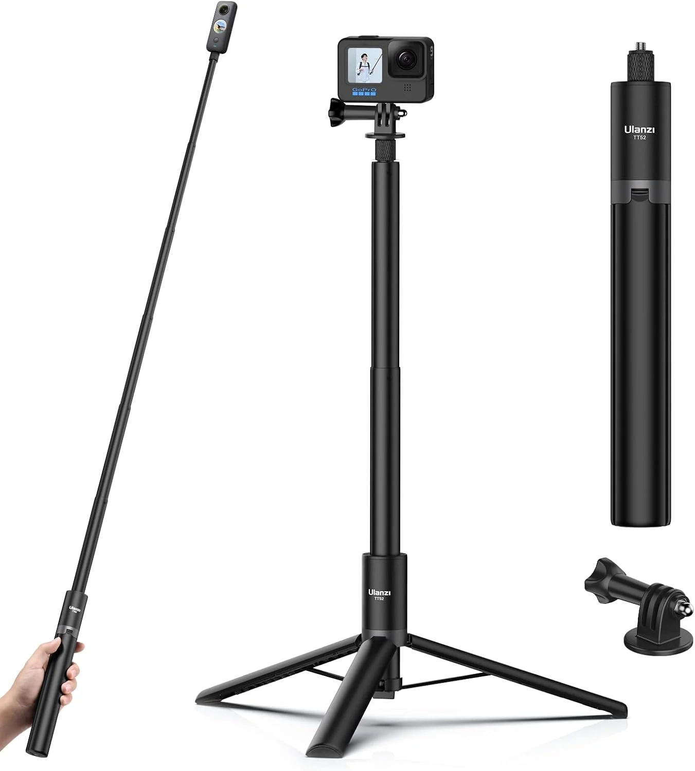 پایه سلفی نامرئی 150 سانتی متری ULANZI TT52 مناسب برای دوربین های اکشن Insta360 X4/GO 3/X3/ONE RS/ONE X2/ONE X/GO 2/ONE R/ONE - دسته گریپ سلفی ضد آب و قابل تنظیم