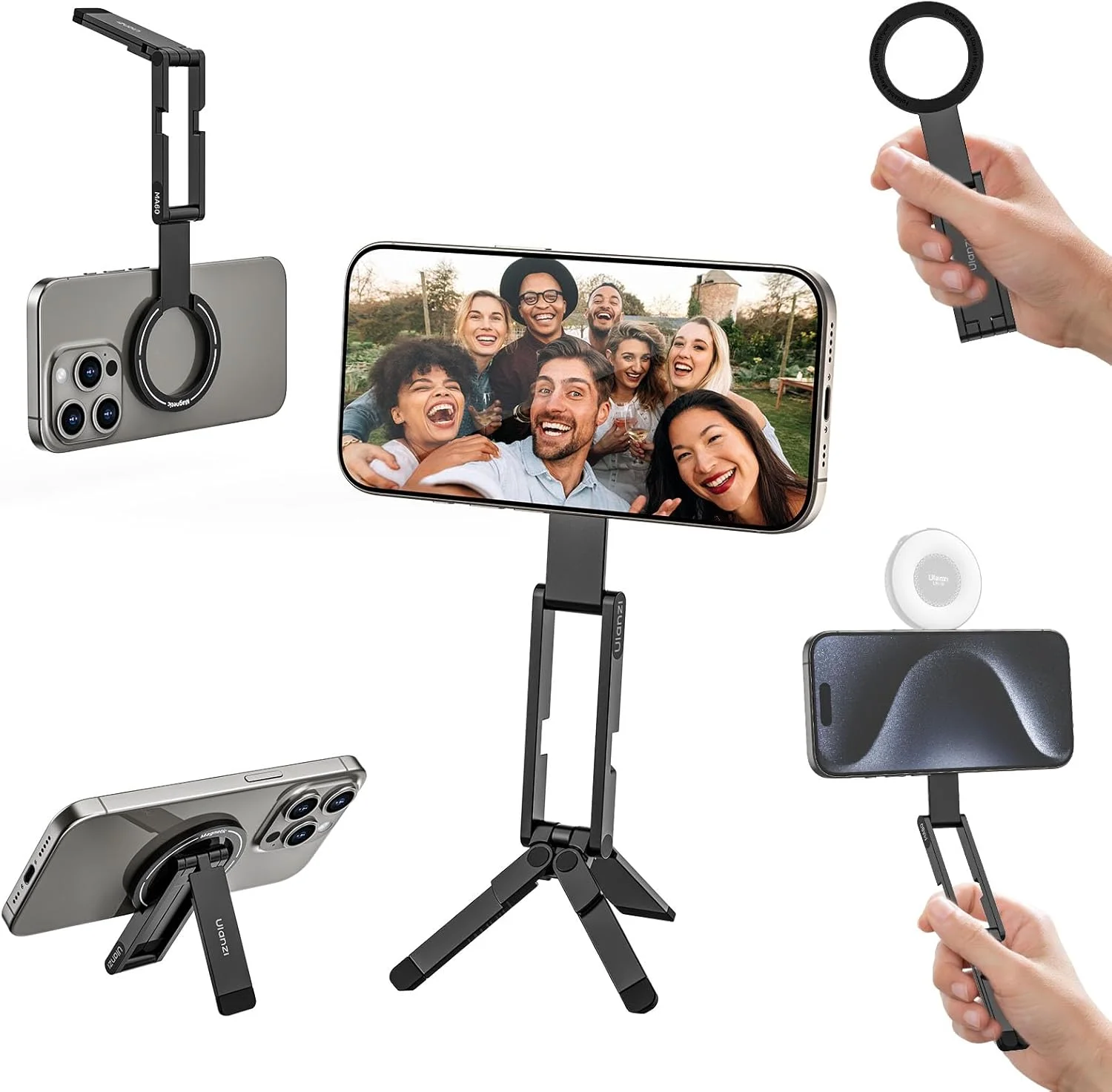 پایه نگهدارنده مغناطیسی گوشی ULANZI MA60 برای آیفون - سه پایه کوچک آلومینیومی گوشی هوشمند، پایه تلفن همراه جیبی با آهنربای قوی و نصب سریع، سازگار با سری آیفون 17 16 15 14 13 12، مشکی