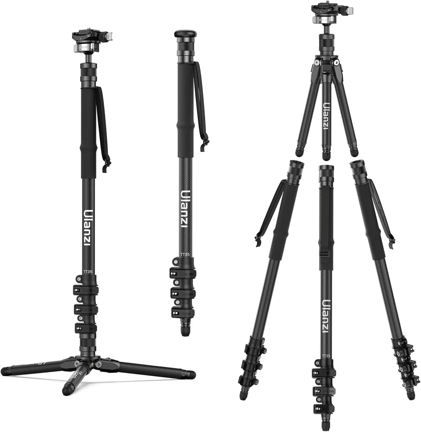 تک پایه دوربین ULANZI TT35 57.48 اینچی فیبر کربنی، سه پایه مسافرتی چند منظوره 5 در 1 برای دوربین DSLR، پایه سه پایه سبک وزن قابل حمل با سر توپی 360 درجه و میله های پیاده روی جداشدنی