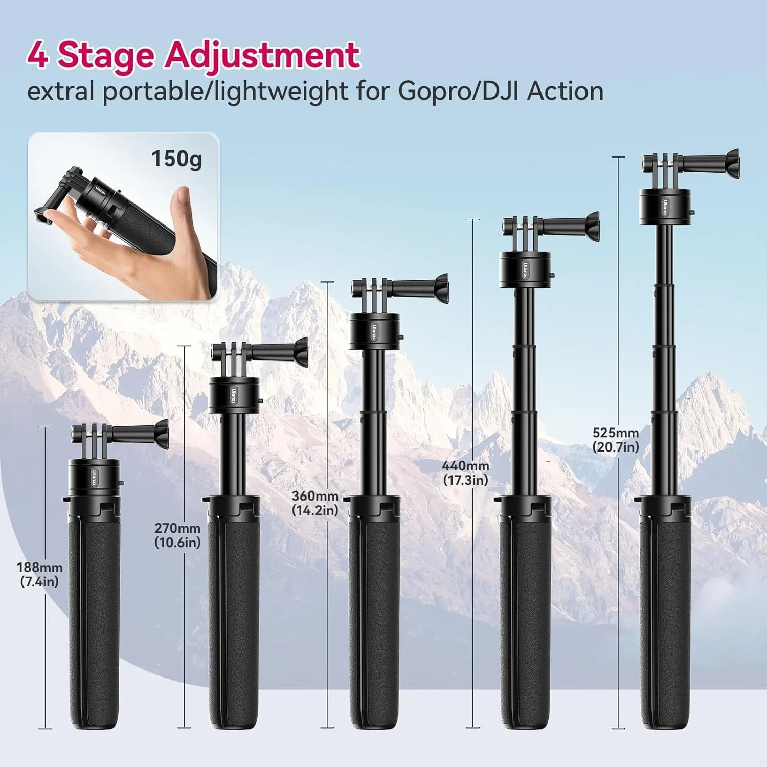 سه پایه سلفی استیک تلسکوپی ULANZI MT-34، سه پایه دوربین اکشن Go Quick II با طول 20.7 اینچ، بند دستی 4 مرحله ای، لوازم جانبی قابل حمل برای دوربین های اکشن Hero 12 11 10 9/Max/DJI OSMO/Insta 360 سه پایه سلفی استیک تلسکوپی ULANZI MT-34، سه پایه دوربین اکشن Go Quick II با طول 20.7 اینچ، بند دستی 4 مرحله ای، لوازم جانبی قابل حمل برای دوربین های اکشن Hero 12 11 10 9/Max/DJI OSMO/Insta 360