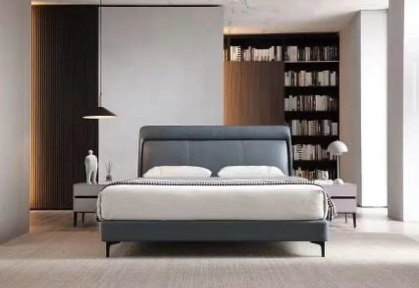 تخت خواب مدرن نایام مدل جنلیا - سایز کوئین، 150x200 سانتی متر | فریم تخت خواب چرمی PU مینیمالیستی، تاج بالشتکی و تخته های چوبی | مبلمان اتاق خواب، خاکستری