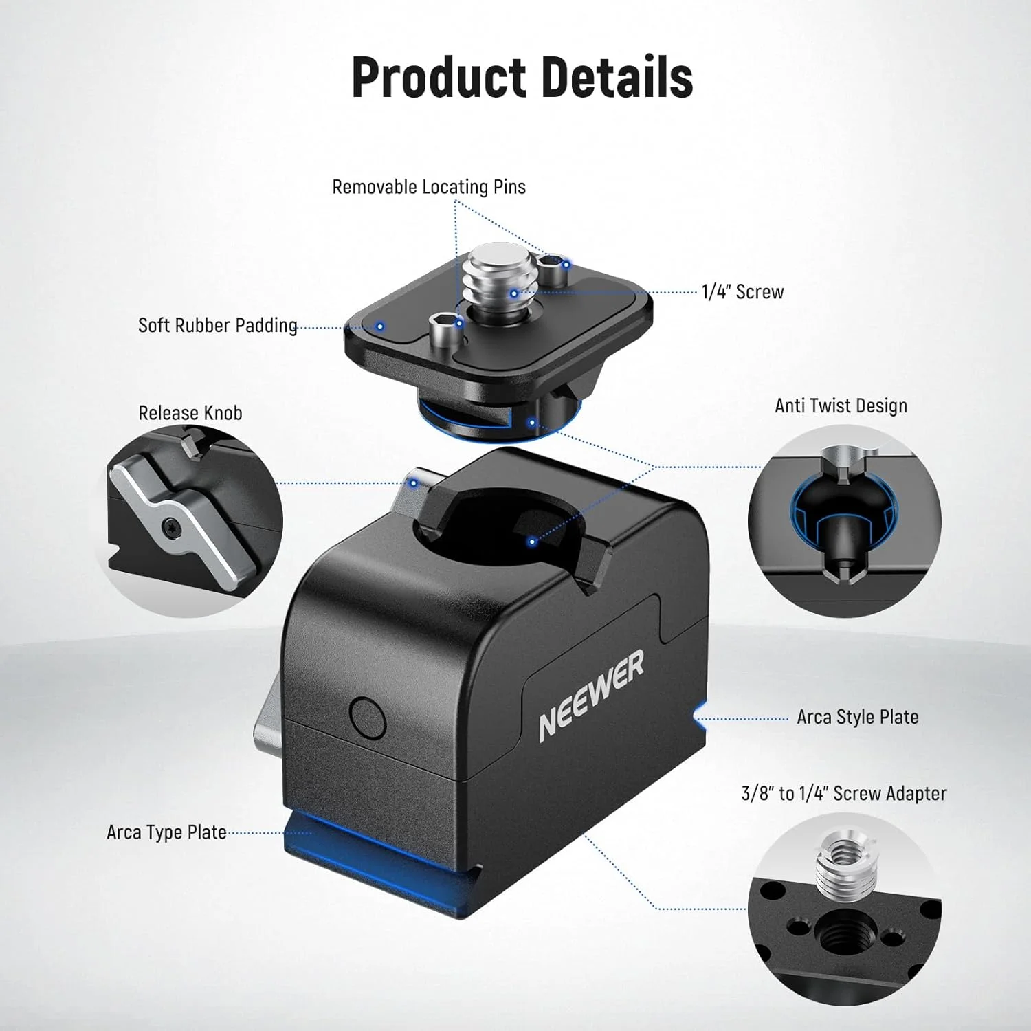 صفحه رهاسازی سریع کوچک NEEWER و کیت پایه نوع Arca، پایه دوربین کشویی با پین های جداشدنی، پیچ 1/4 اینچ 3/8 اینچ برای مانیتور صحرایی چراغ LED سه پایه، سازگار با قفس های SmallRig NEEWER، UA024