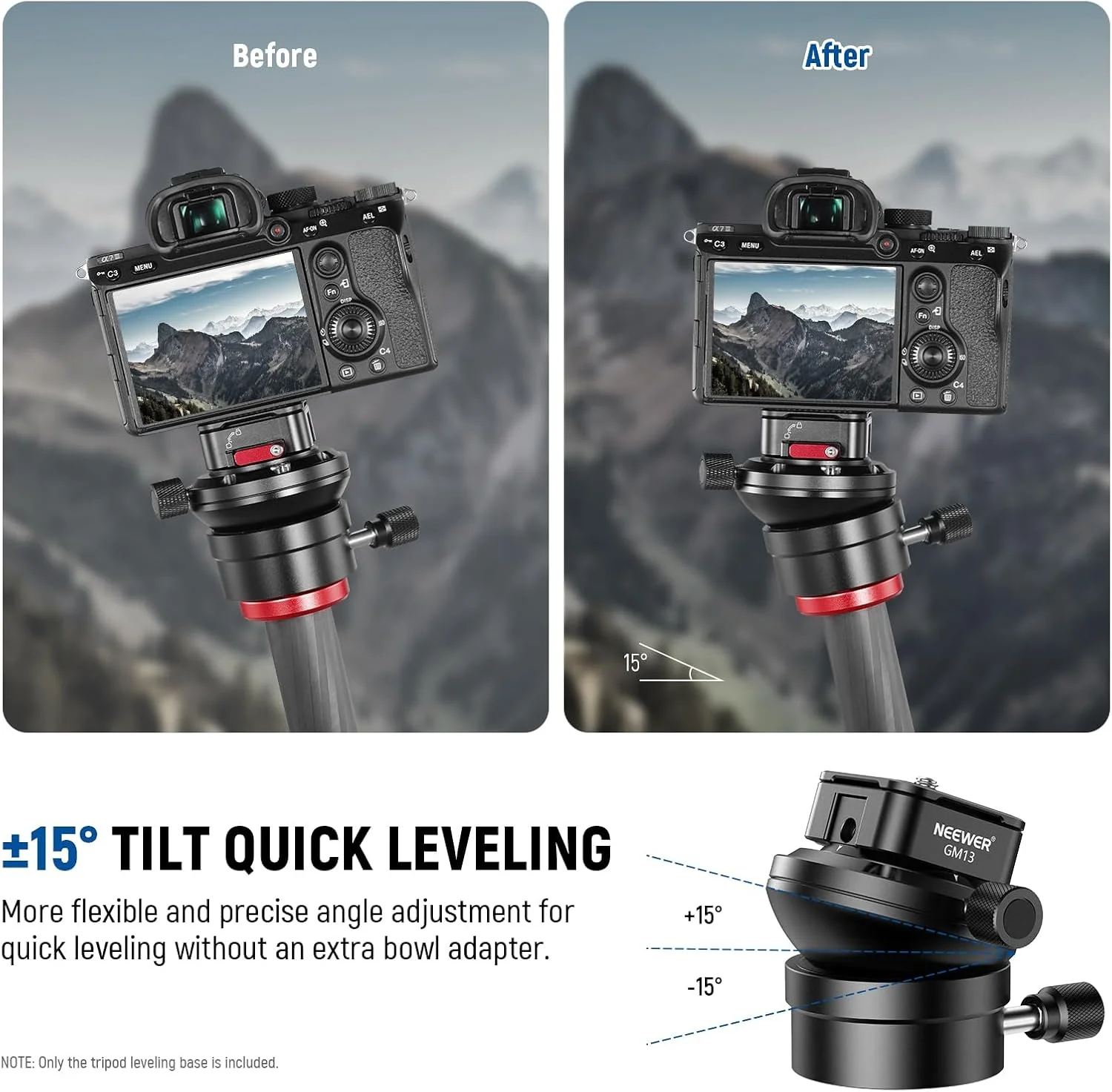 پایه تراز سه پایه NEEWER (Φ55mm) آلومینیومی با صفحه رهاسازی سریع 1/4 اینچی برای دوربین های DSLR و سوراخ رزوه ای 3/8 اینچی، شیب -15 درجه، تراز کننده سریع میرایی قابل تنظیم پانوراما 360 درجه، حداکثر بار 10 کیلوگرم، GM13