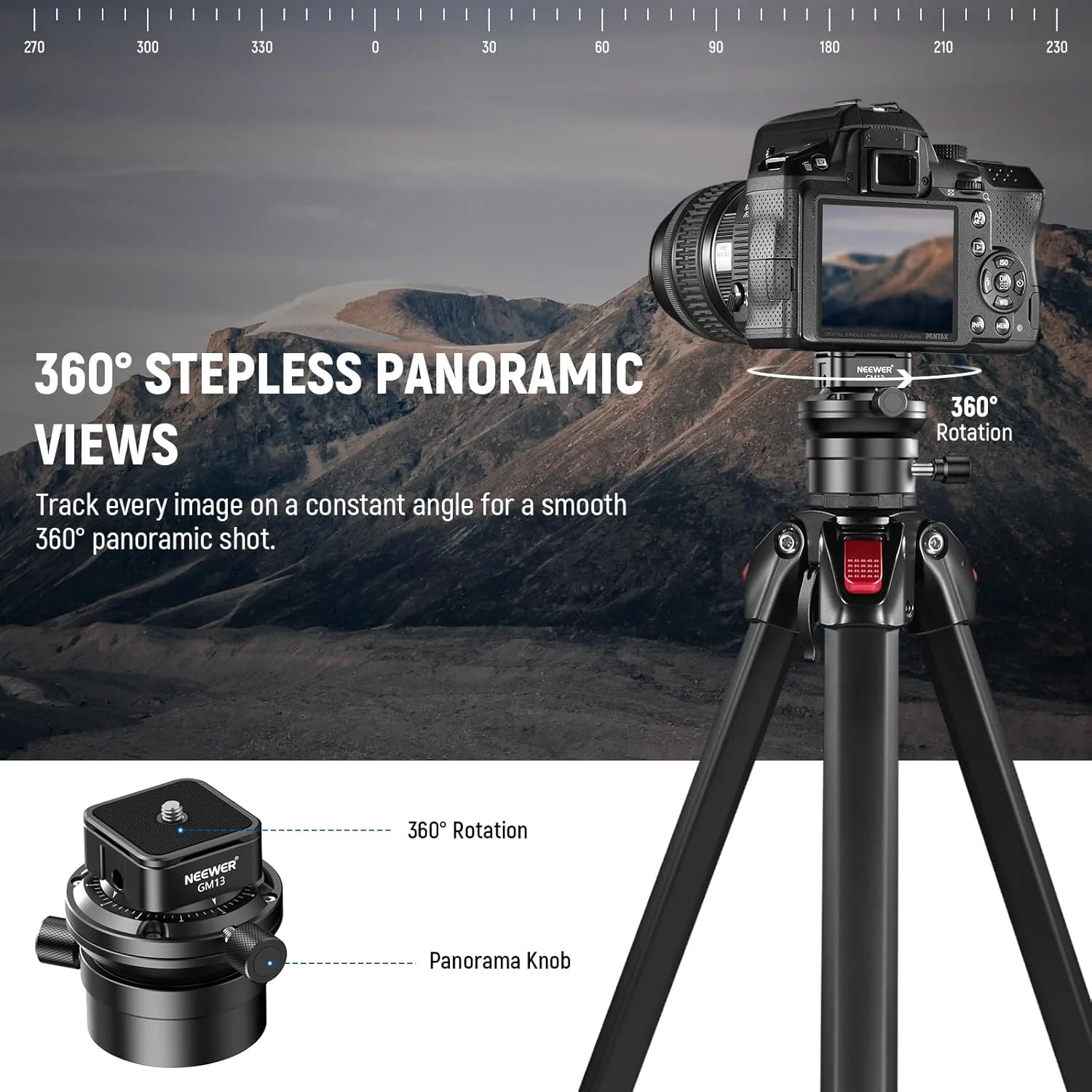 پایه تراز سه پایه NEEWER (Φ55mm) آلومینیومی با صفحه رهاسازی سریع 1/4 اینچی برای دوربین های DSLR و سوراخ رزوه ای 3/8 اینچی، شیب -15 درجه، تراز کننده سریع میرایی قابل تنظیم پانوراما 360 درجه، حداکثر بار 10 کیلوگرم، GM13