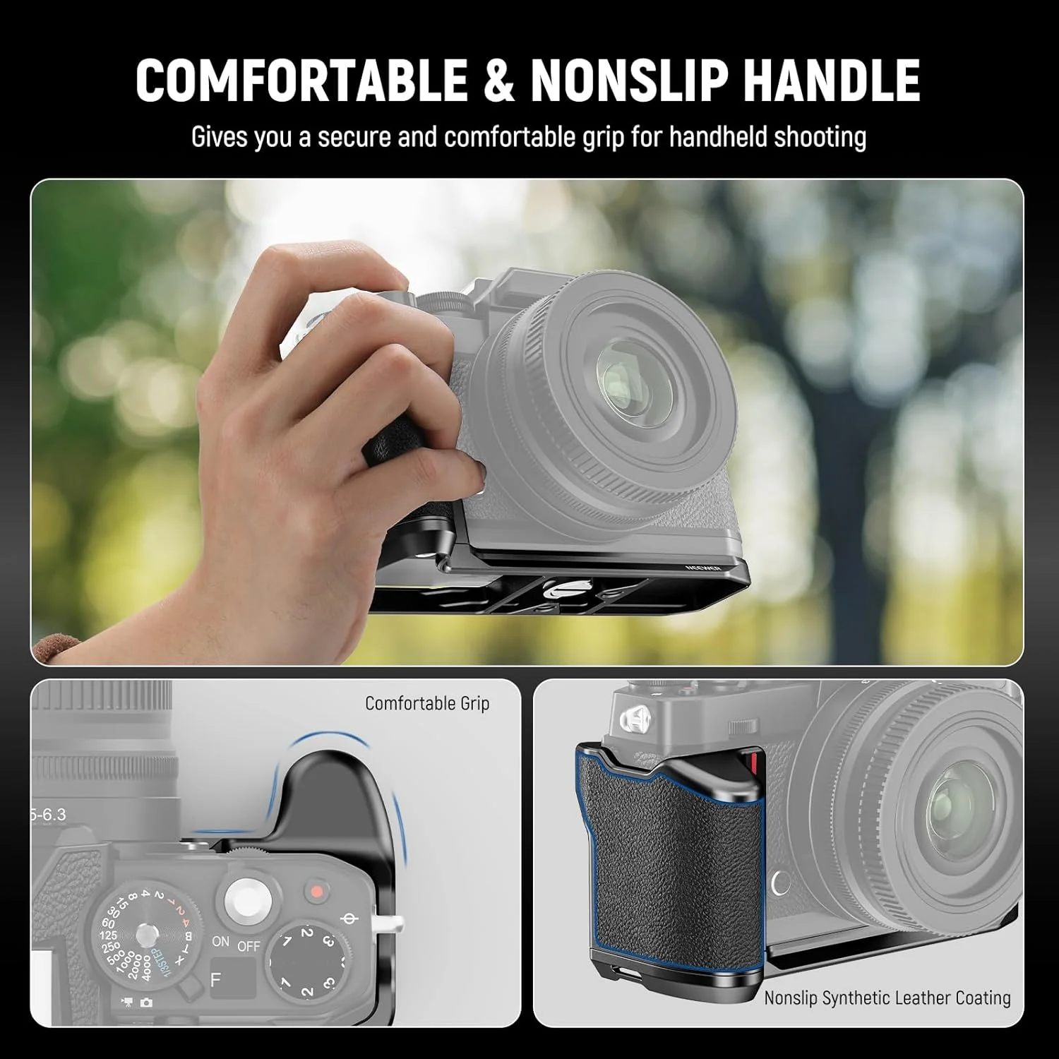 نگهدارنده L شکل NEEWER Zfc سازگار با Nikon Z fc، پایه نصب دوربین نازک و خوش فرم یکپارچه با دسته و گریپ انگشتی برای سه پایه های Arca Type، مدل CA089