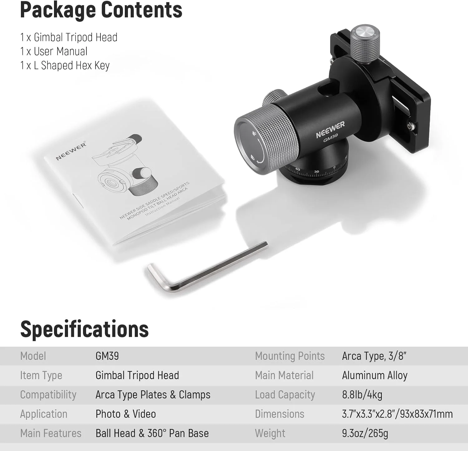 سر سه پایه گیمبال دوربین NEEWER، چرخش 360 درجه، شیب 90 درجه، آلومینیومی، پایه مونوپاد با مشخصات کم، آداپتور نصب هد توپی، گیره و پایه QR از نوع Arca با رهاسازی/قفل سریع، رزوه 3/8 اینچ، حداکثر بار 4 کیلوگرم، GM39 سر سه پایه گیمبال دوربین NEEWER، چرخش 360 درجه، شیب 90 درجه، آلومینیومی، پایه مونوپاد با مشخصات کم، آداپتور نصب هد توپی، گیره و پایه QR از نوع Arca با رهاسازی/قفل سریع، رزوه 3/8 اینچ، حداکثر بار 4 کیلوگرم، GM39