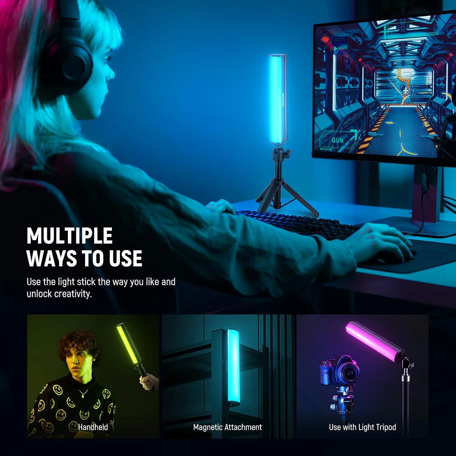 چراغ RGB عصایی NEEWER به همراه سه پایه رومیزی، میله نور مغناطیسی قابل حمل برای نورپردازی ویدیو و عکاسی، میله چراغ LED تمام رنگی 2500K-8500K با قابلیت تنظیم نور CRI95+، باتری 2550mAh، دارای 17 حالت نورپردازی برای ولاگ و TikTok، مدل TL20C چراغ RGB عصایی NEEWER به همراه سه پایه رومیزی، میله نور مغناطیسی قابل حمل برای نورپردازی ویدیو و عکاسی، میله چراغ LED تمام رنگی 2500K-8500K با قابلیت تنظیم نور CRI95+، باتری 2550mAh، دارای 17 حالت نورپردازی برای ولاگ و TikTok، مدل TL20C