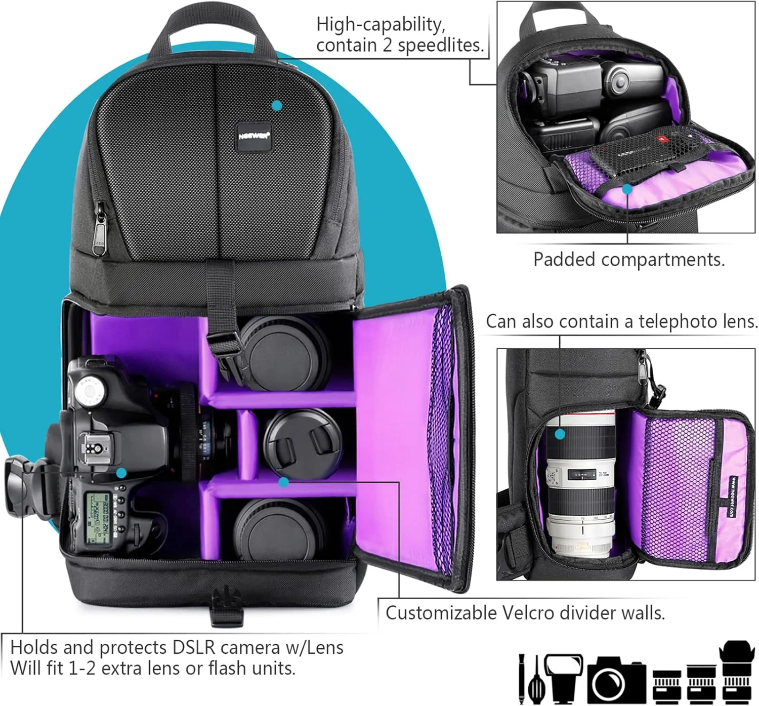 کیف کوله پشتی اسلینگ دوربین حرفه ای Neewer برای Nikon Canon Sony و سایر دوربین های DSLR و لنز، سه پایه، سایر لوازم جانبی، کیف ضد آب و ضد پارگی با پارتیشن های پد دار کیف کوله پشتی اسلینگ دوربین حرفه ای Neewer برای Nikon Canon Sony و سایر دوربین های DSLR و لنز، سه پایه، سایر لوازم جانبی، کیف ضد آب و ضد پارگی با پارتیشن های پد دار