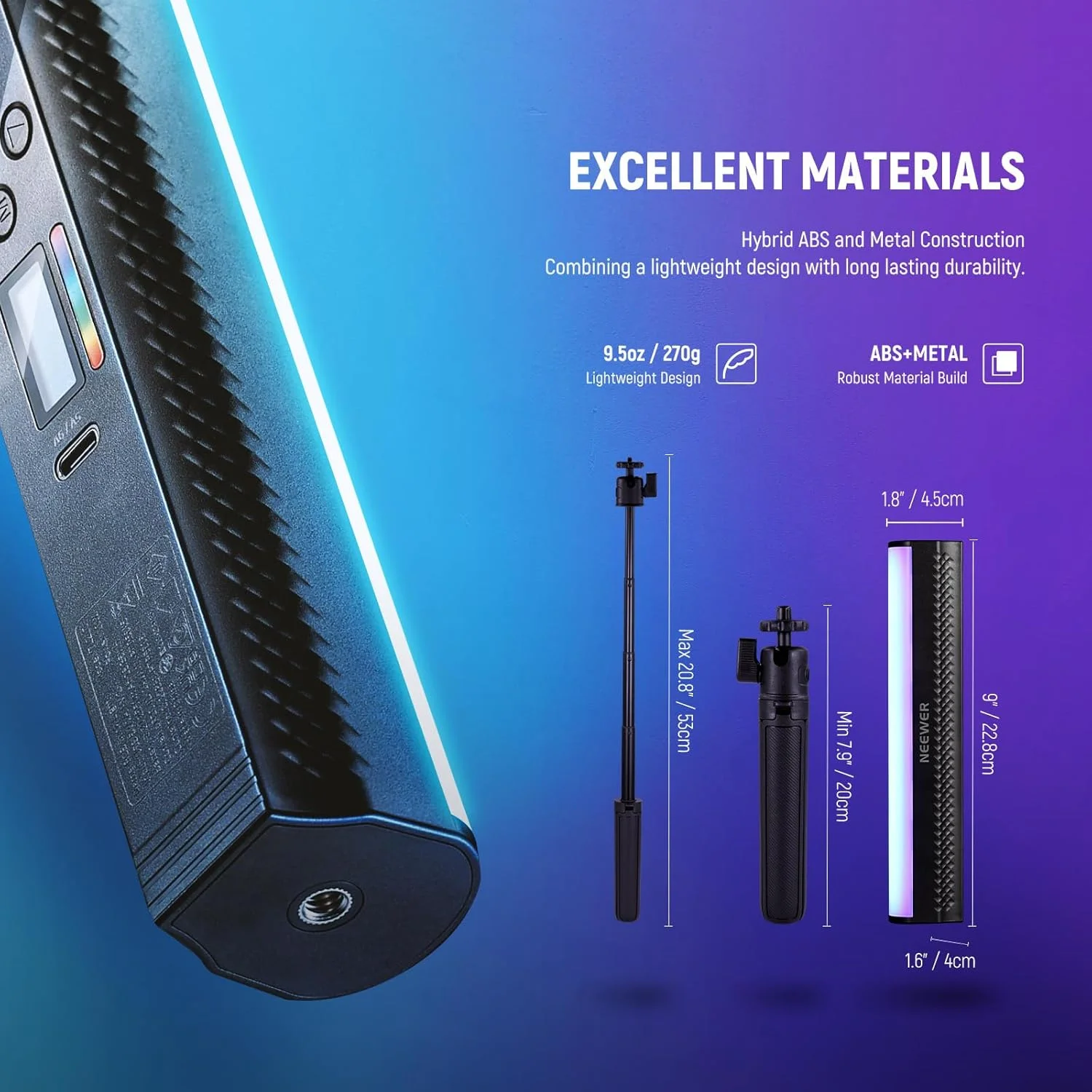 چراغ RGB عصایی NEEWER به همراه سه پایه رومیزی، میله نور مغناطیسی قابل حمل برای نورپردازی ویدیو و عکاسی، میله چراغ LED تمام رنگی 2500K-8500K با قابلیت تنظیم نور CRI95+، باتری 2550mAh، دارای 17 حالت نورپردازی برای ولاگ و TikTok، مدل TL20C چراغ RGB عصایی NEEWER به همراه سه پایه رومیزی، میله نور مغناطیسی قابل حمل برای نورپردازی ویدیو و عکاسی، میله چراغ LED تمام رنگی 2500K-8500K با قابلیت تنظیم نور CRI95+، باتری 2550mAh، دارای 17 حالت نورپردازی برای ولاگ و TikTok، مدل TL20C