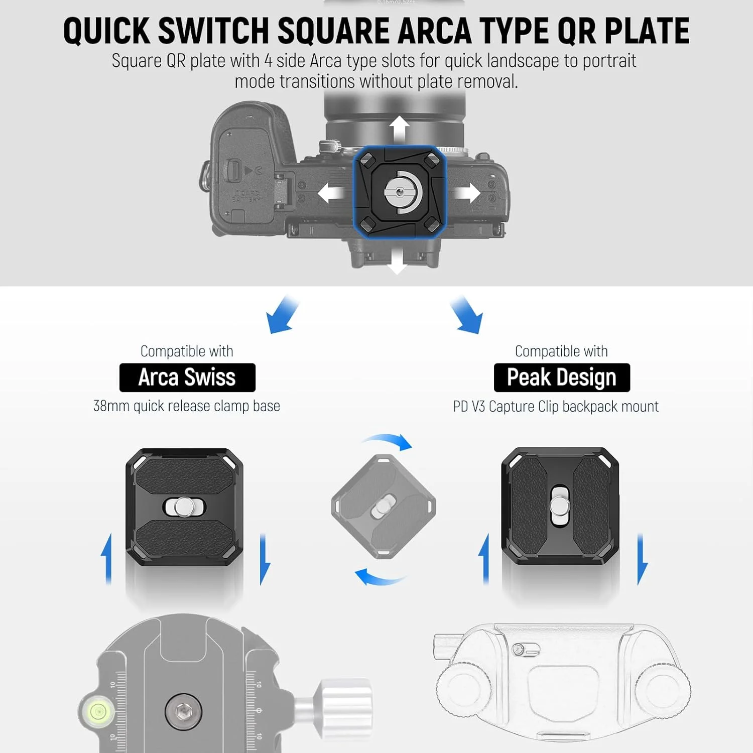 صفحه رهاسازی سریع NEEWER بسته 2 عددی، صفحه نصب دوربین QR مربعی 38 میلی‌متری نوع Arca سازگار با گیره دوربین Peak Design Capture V3، سر سه پایه به بند شانه تعویض سریع با 4 پین ایمنی، QPR-5