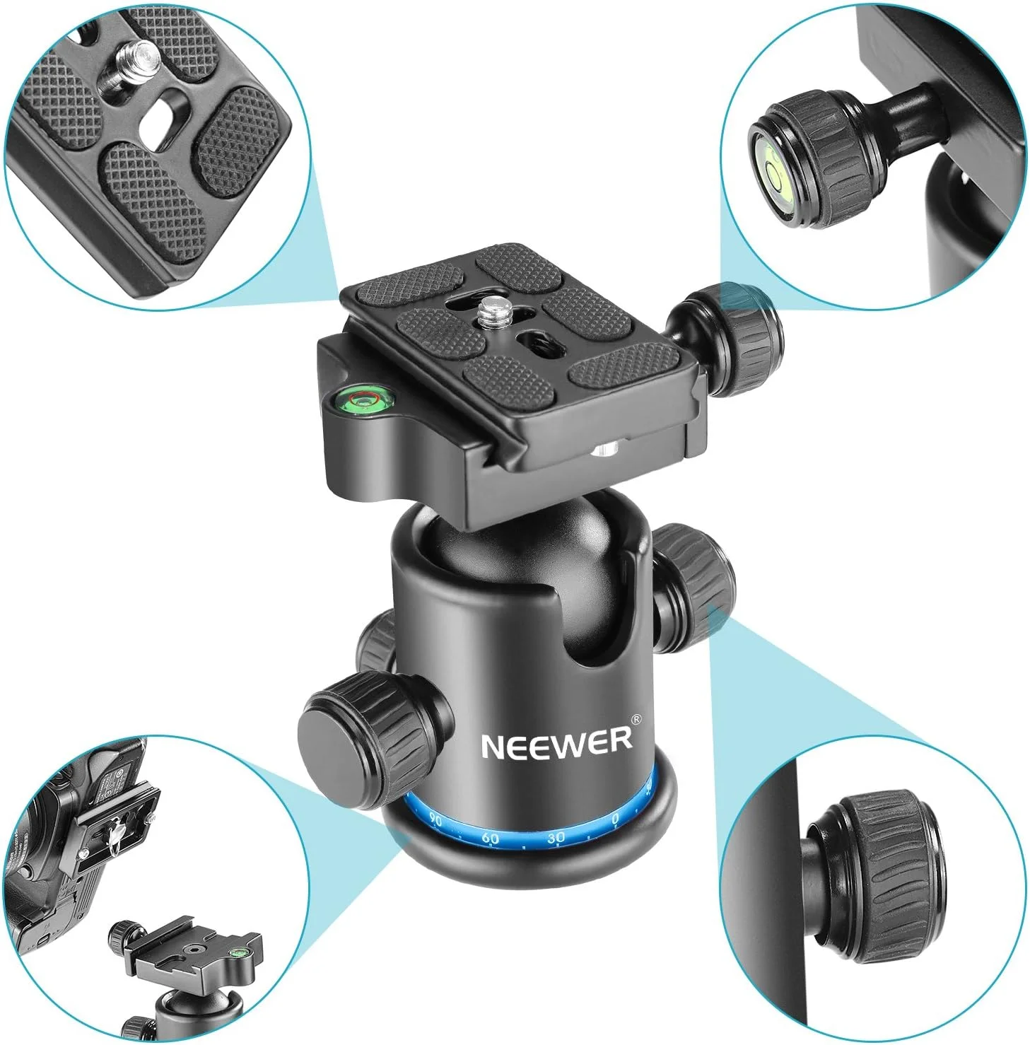 سر توپی سه پایه فلزی حرفه ای Neewer با چرخش 360 درجه پانوراما با صفحه کفشک سریع 1/4 اینچی، تراز حبابی برای سه پایه، تک پایه، لغزنده، دوربین DSLR تا 8 کیلوگرم (مشکی+آبی)