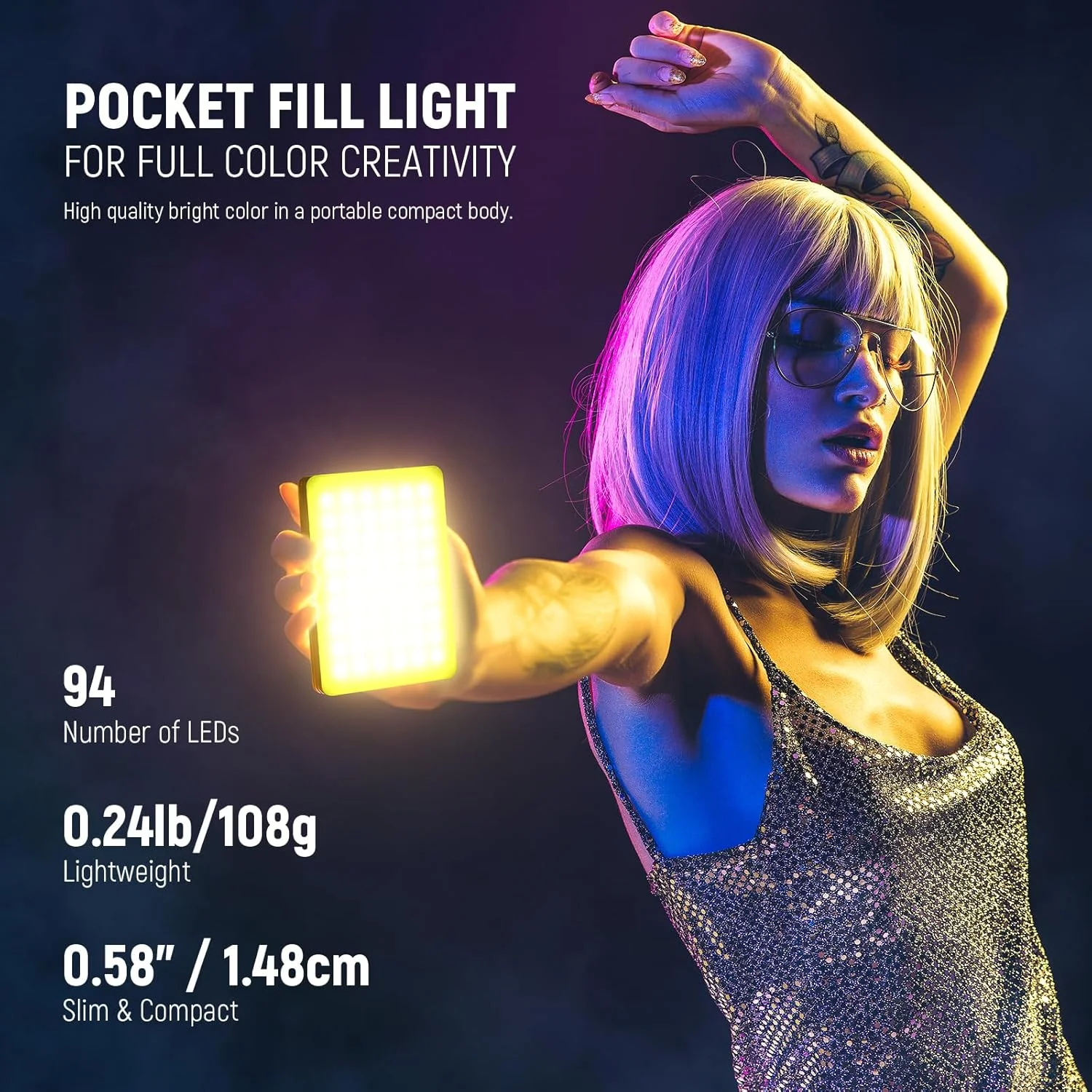 نور سلفی RGB مدل NEEWER VL67C با کنترل از طریق اپلیکیشن، 94 LED با CRI97، باتری قابل شارژ 2000mAh، مانت کفشک سرد به عنوان نور دوربین، گیره تلفن همراه قابل حمل جلو و عقب برای TikTok، نور کنفرانس ویدیویی برای لپ تاپ