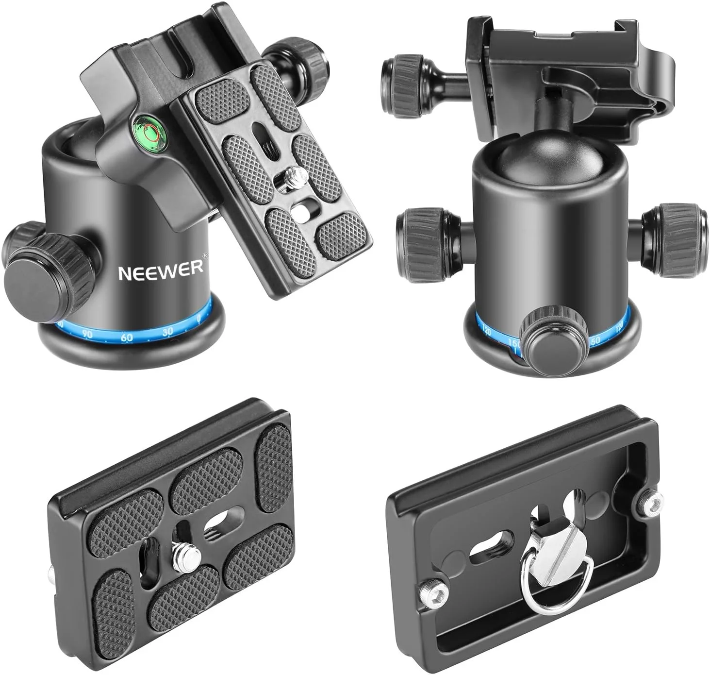 سر توپی سه پایه فلزی حرفه ای Neewer با چرخش 360 درجه پانوراما با صفحه کفشک سریع 1/4 اینچی، تراز حبابی برای سه پایه، تک پایه، لغزنده، دوربین DSLR تا 8 کیلوگرم (مشکی+آبی)