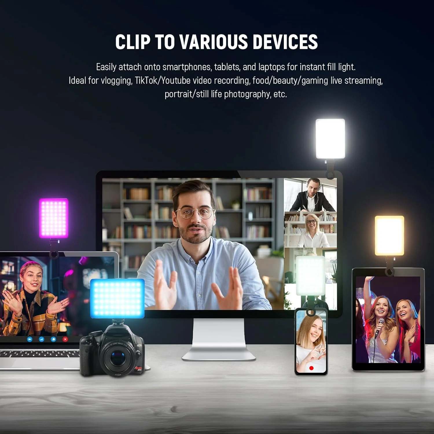 نور سلفی RGB مدل NEEWER VL67C با کنترل از طریق اپلیکیشن، 94 LED با CRI97، باتری قابل شارژ 2000mAh، مانت کفشک سرد به عنوان نور دوربین، گیره تلفن همراه قابل حمل جلو و عقب برای TikTok، نور کنفرانس ویدیویی برای لپ تاپ