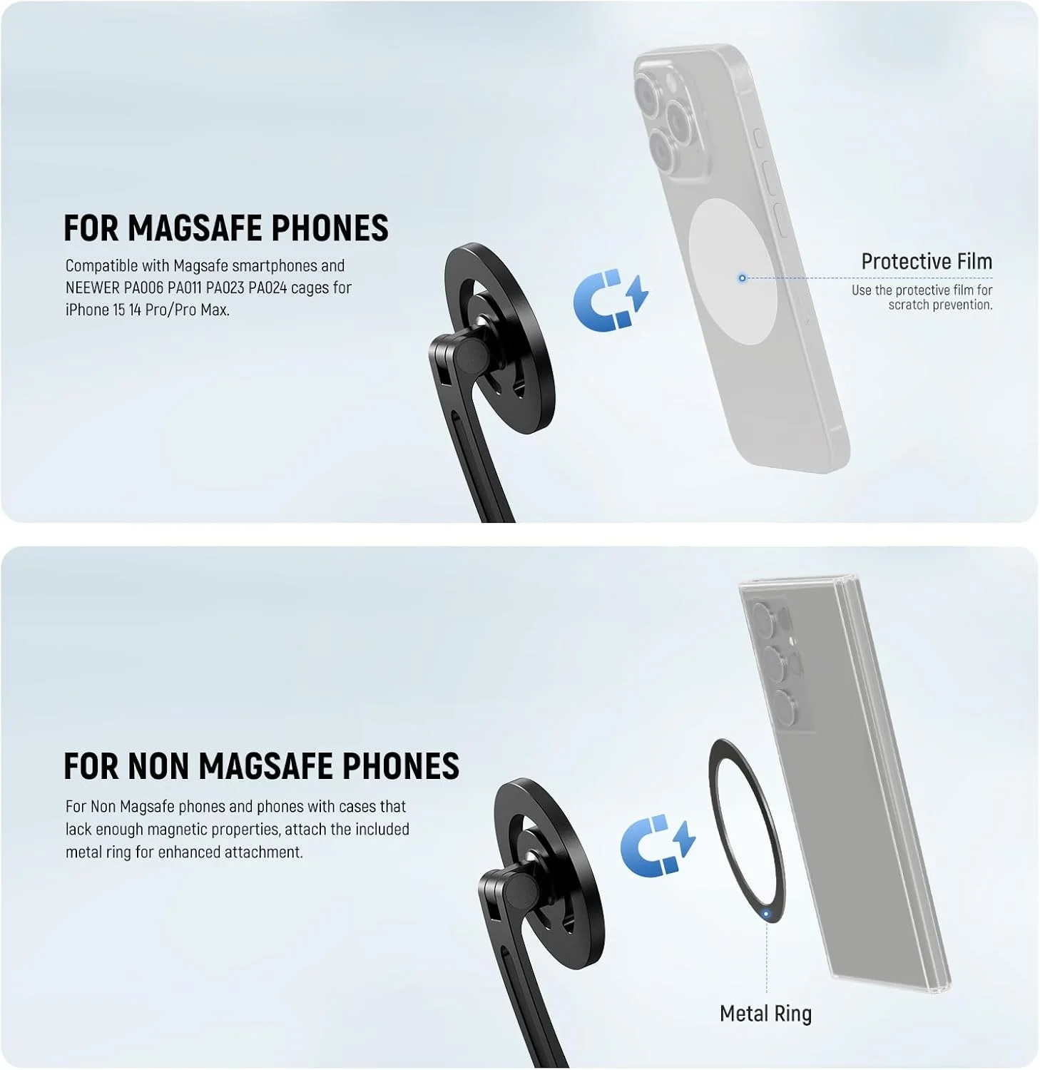 نگهدارنده گردنی مغناطیسی نیور برای دوربین اکشن و گوشی موبایل، سه پایه گردنی بدون دست، سازگار با GoPro DJI Insta360 iPhone15 Android، نگهدارنده گردنی موبایل برای POV Vlog، خاکستری، GP16