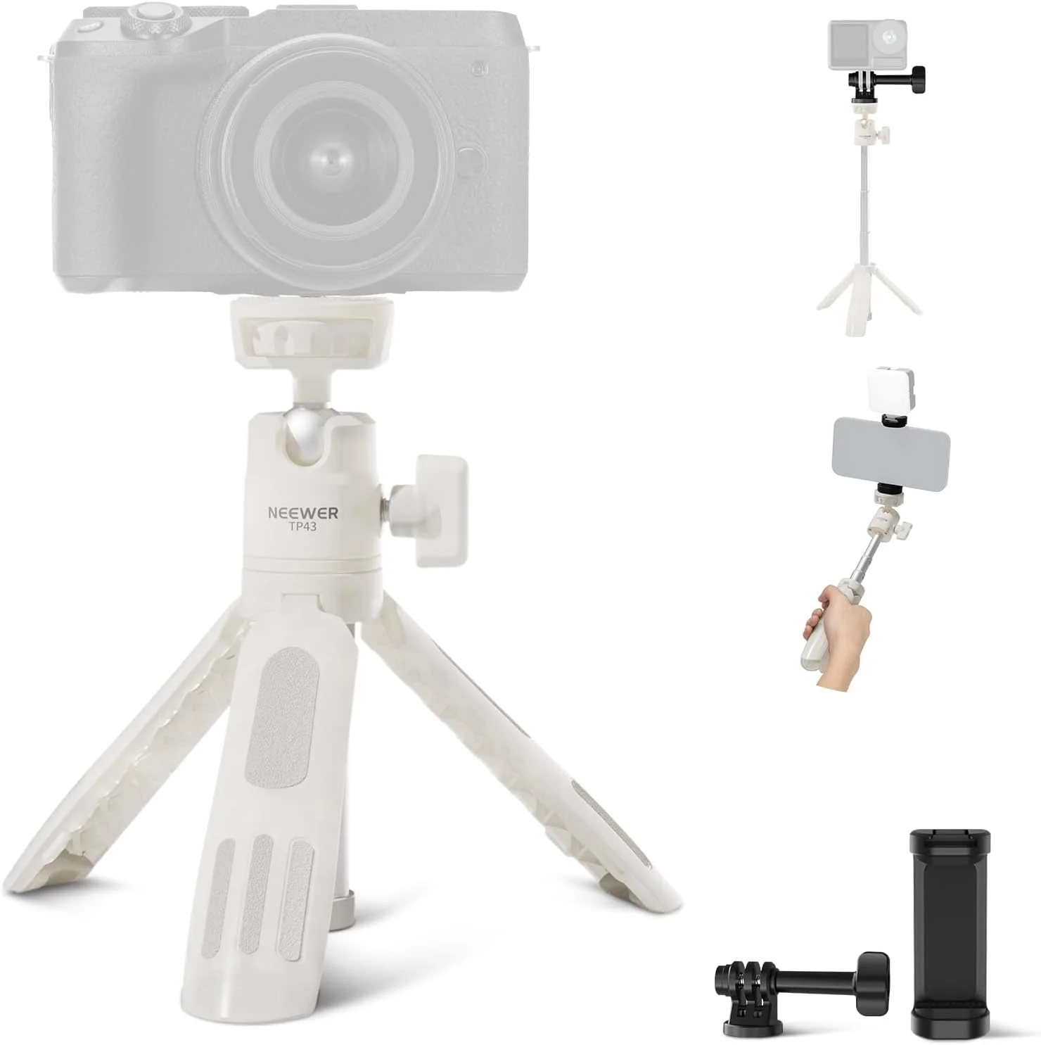 پایه سلفی رومیزی کوچک نیور، سازگار با آیفون، GoPro، Insta360، DJI، سه پایه کوچک قابل حمل برای دوربین، وب کم، هولدر موبایل اندروید، دارای سر توپی و محور مرتفع، مناسب برای استند ضبط ویدیو، مدل TP43 سفید