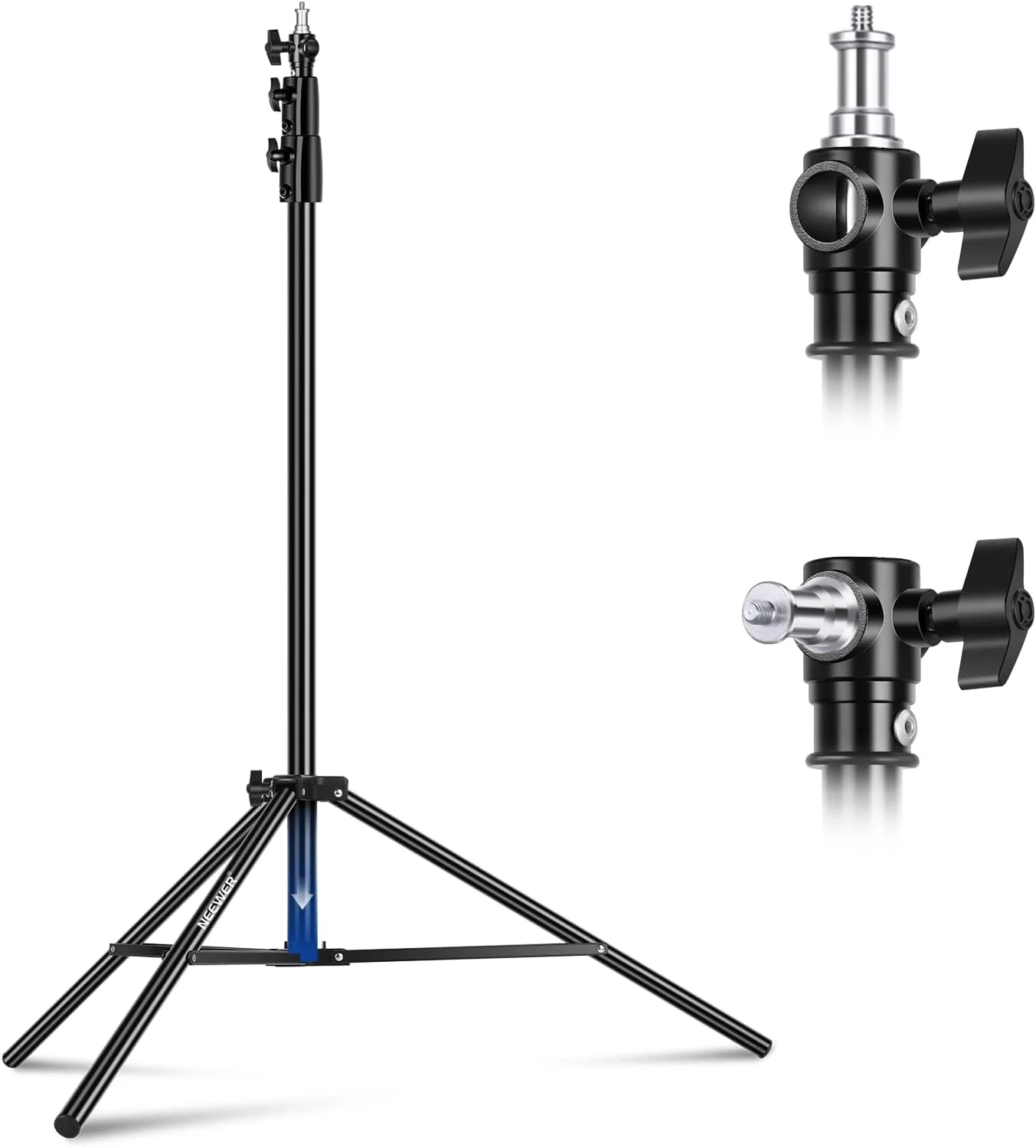پایه نور بادی 2.6 متری نیور، پایه سه پایه فلزی سنگین با پیچ برگشت پذیر 1/4 اینچ به 3/8 اینچ، رابط نصب 3 طرفه و دستگیره های قفل فلزی، حداکثر بار 2.5 کیلوگرم، ST-260AC