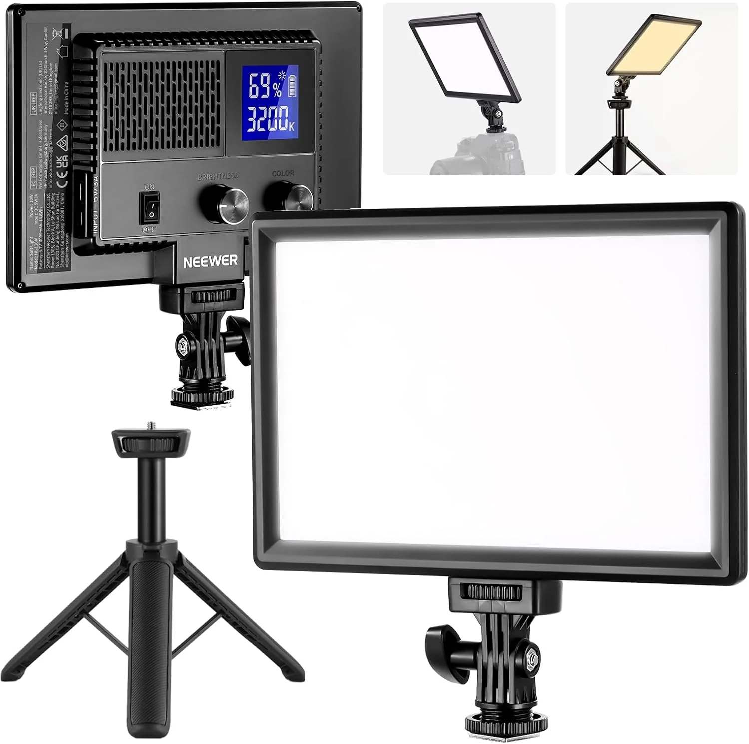 پنل نور LED ویدئویی 9 اینچی NEEWER، نور نرم دوربین DSLR با قابلیت تنظیم نور به همراه سه پایه کوچک، باتری 4000mAh، پورت های USB Type C، 3200K~5600K CRI95+ 600Lux برای عکاسی، ضبط ویدئو و پخش زنده، مدل NL-116AI
