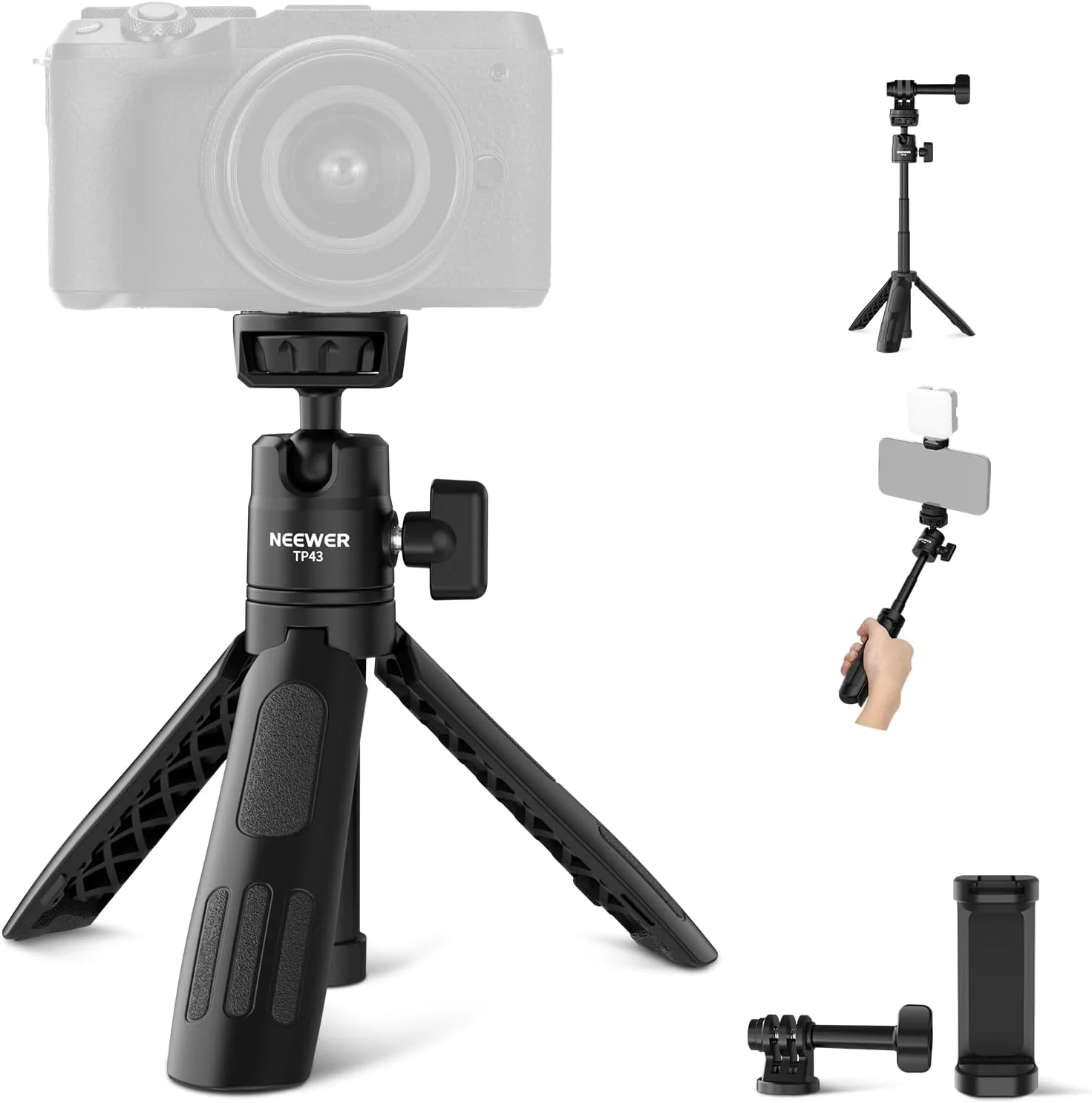 سه پایه رومیزی کوچک سلفی نیور سازگار با آیفون، GoPro، Insta360، DJI با سر توپی 360 درجه و محور مرکزی مرتفع، پایه فلزی کوچک قابل حمل برای دوربین، وب کم، موبایل، مناسب برای ولاگ، مدل TP43 مشکی